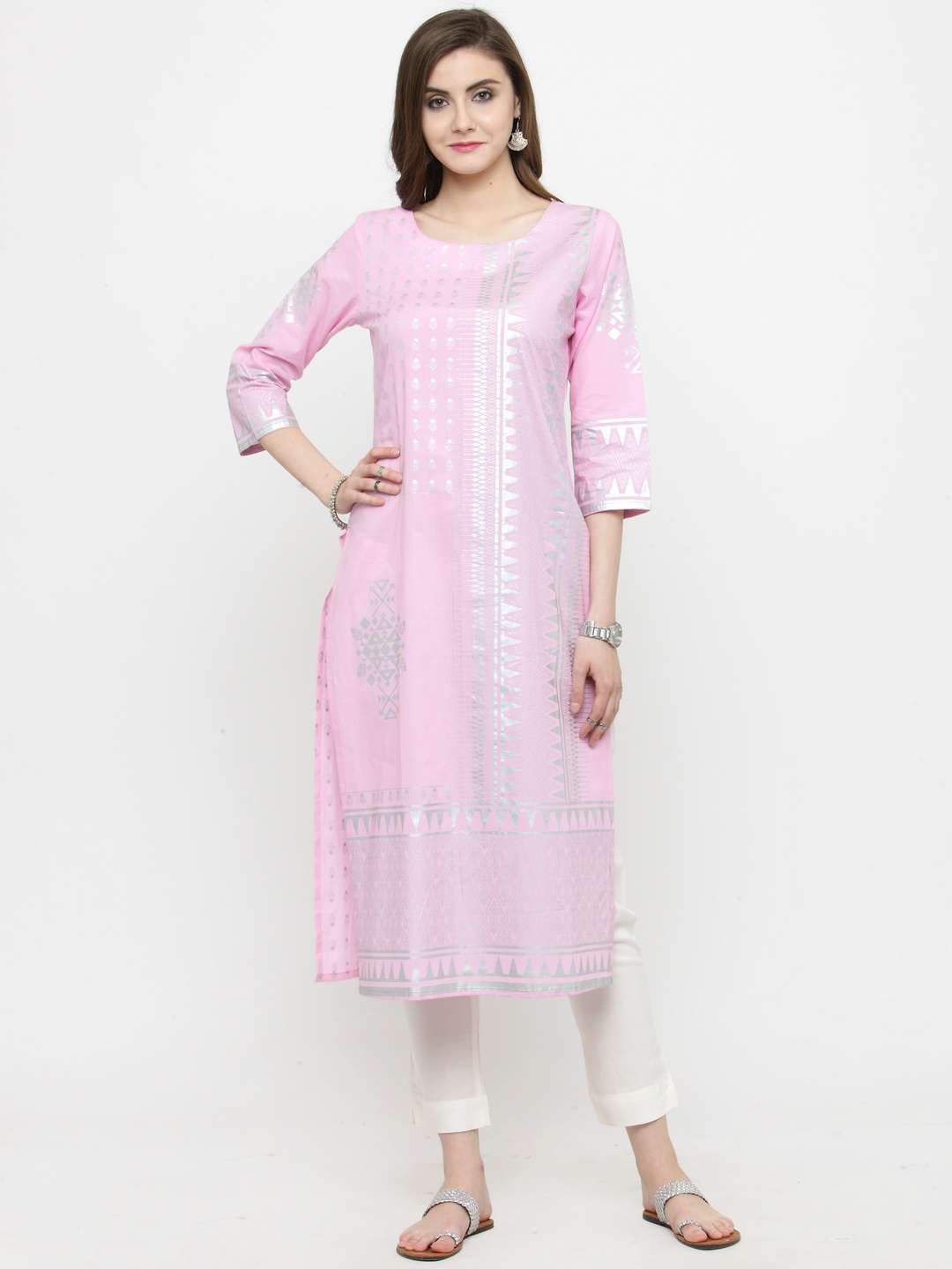 

Varanga Women Pink & White Printed Kurta with Trousers