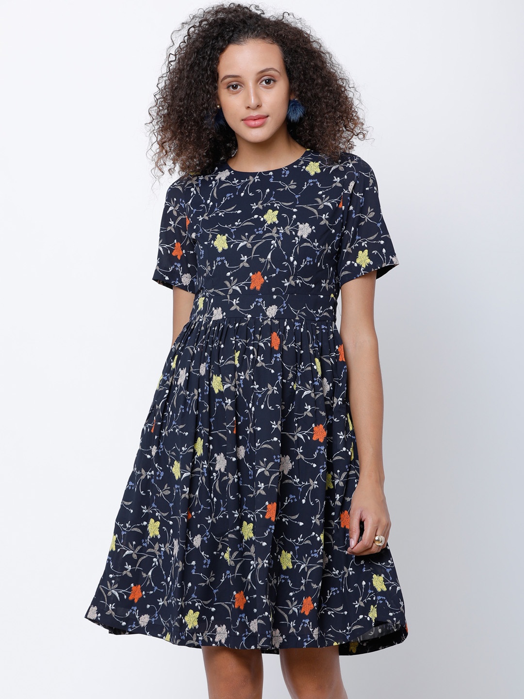 

Tokyo Talkies Women Navy Blue Printed Fit and Flare Dress