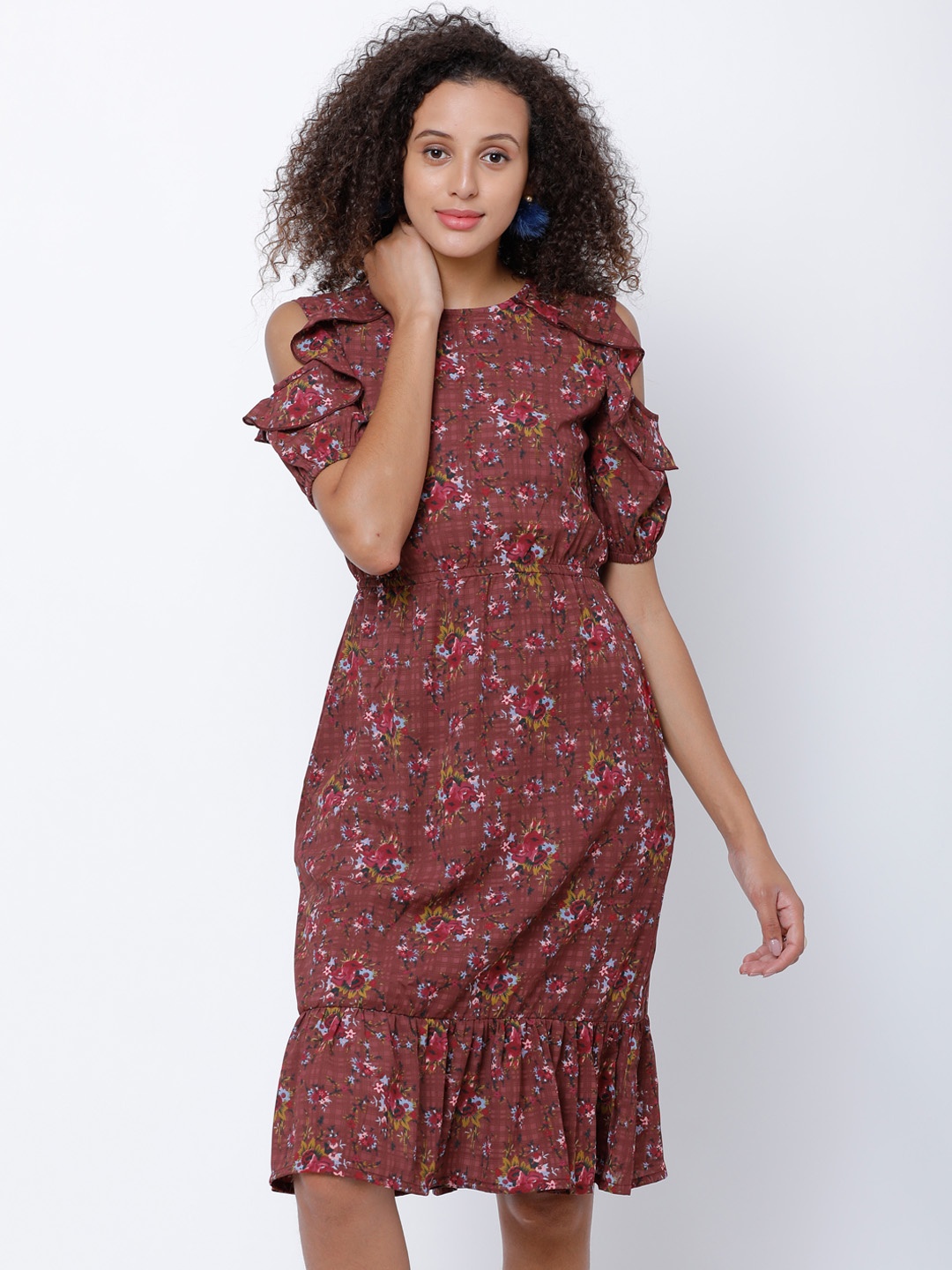 

Tokyo Talkies Women Brown Printed Blouson Dress