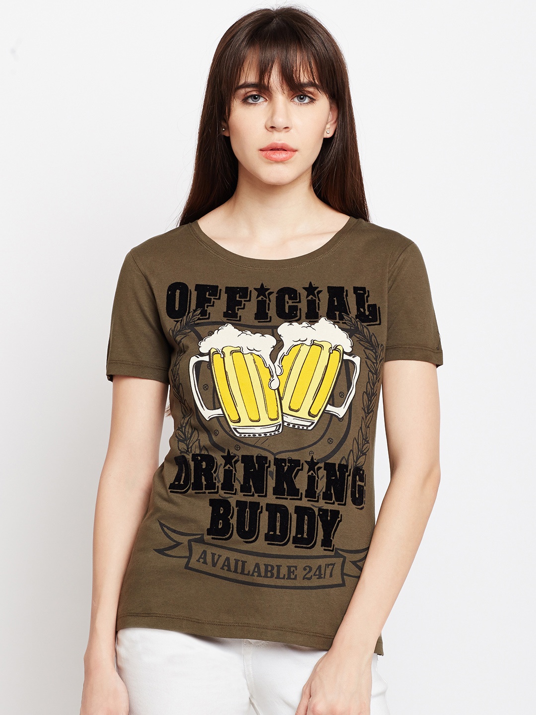 

PUNK Women Olive Green Printed Round Neck T-shirt