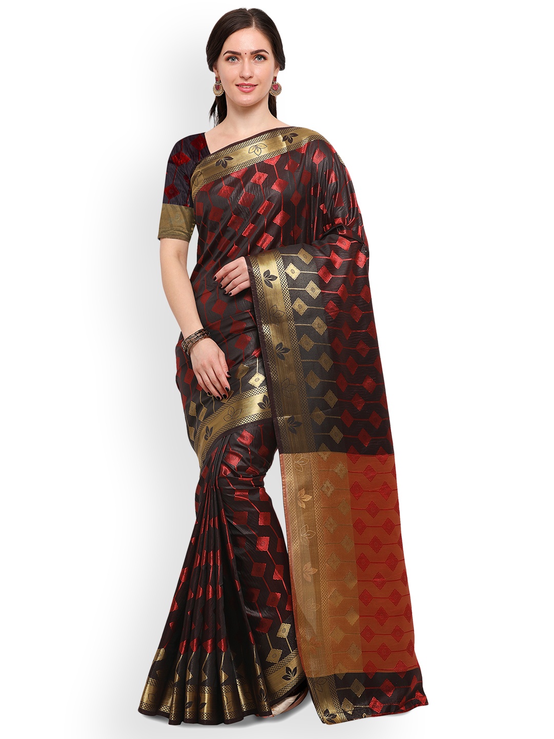 

Blissta Women Black & Red Silk Blend Woven Design Patola Saree