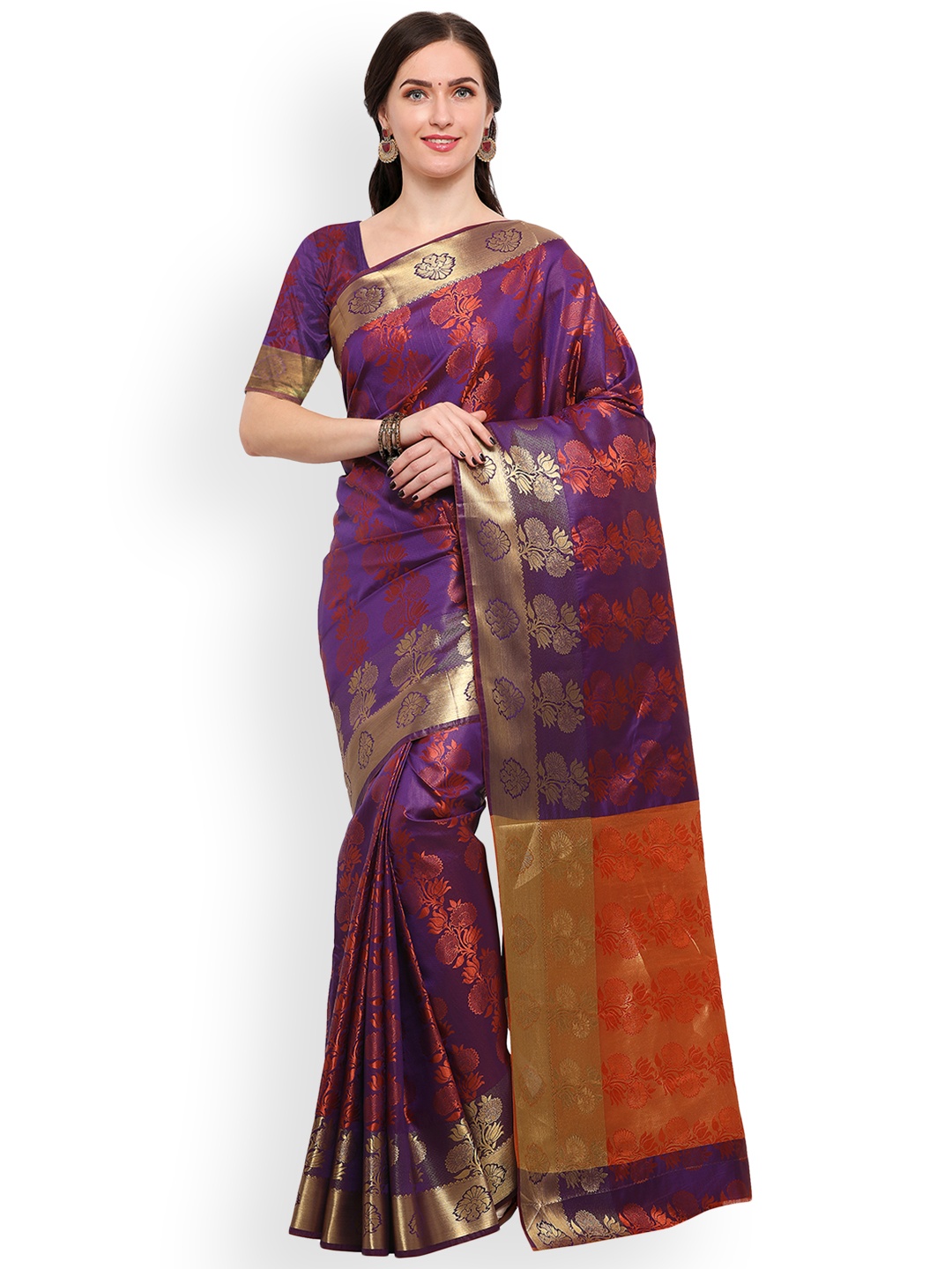 

Blissta Women Purple & Orange Pure Silk Woven Design Patola Saree