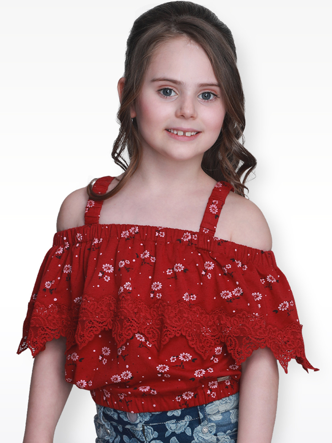 

CUTECUMBER Girls Maroon Printed Cape Pure Cotton Top