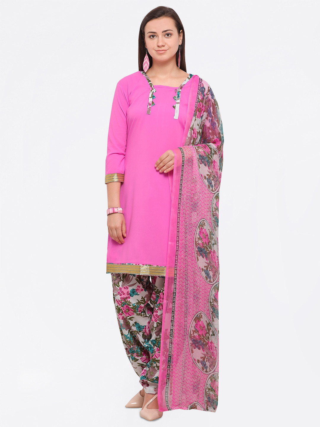 

Saree mall Pink Poly Crepe Unstitched Dress Material