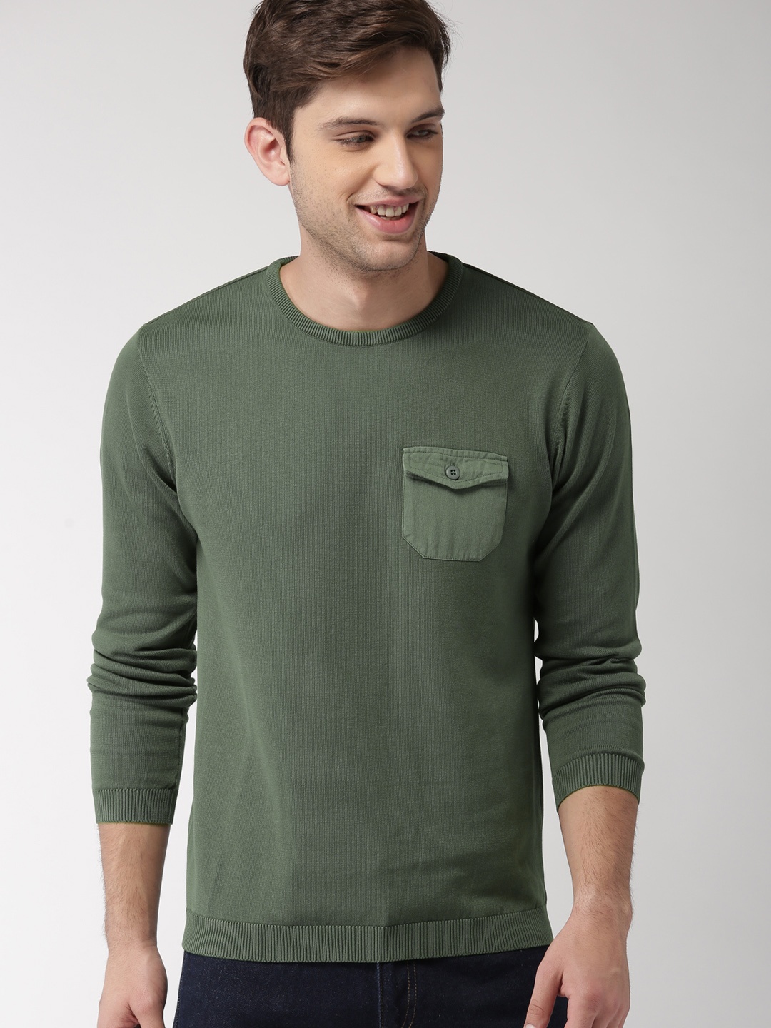 

Mast & Harbour Men Olive Green Solid Pullover