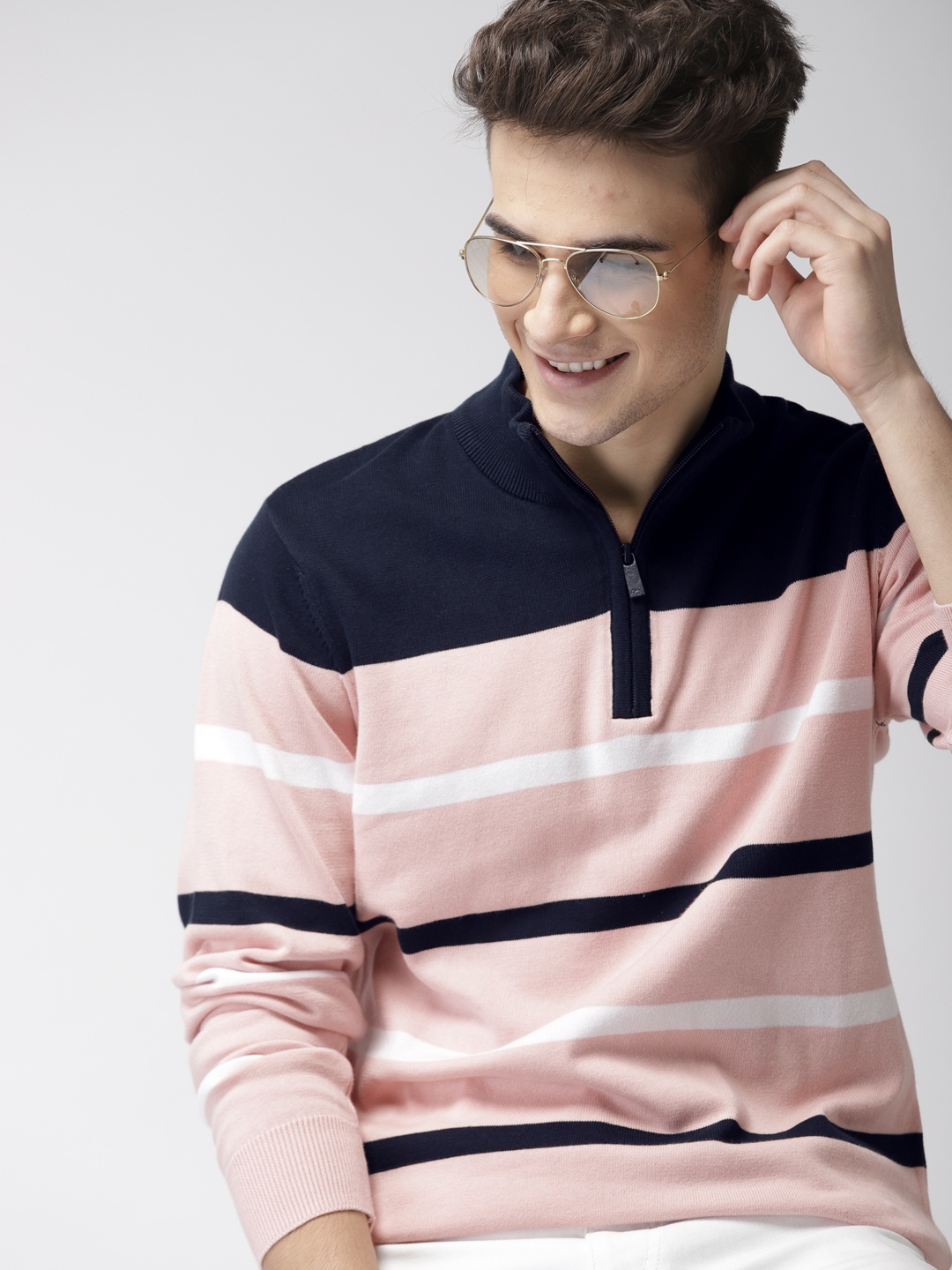 

Mast & Harbour Men Pink & Navy Blue Striped Pullover Sweater