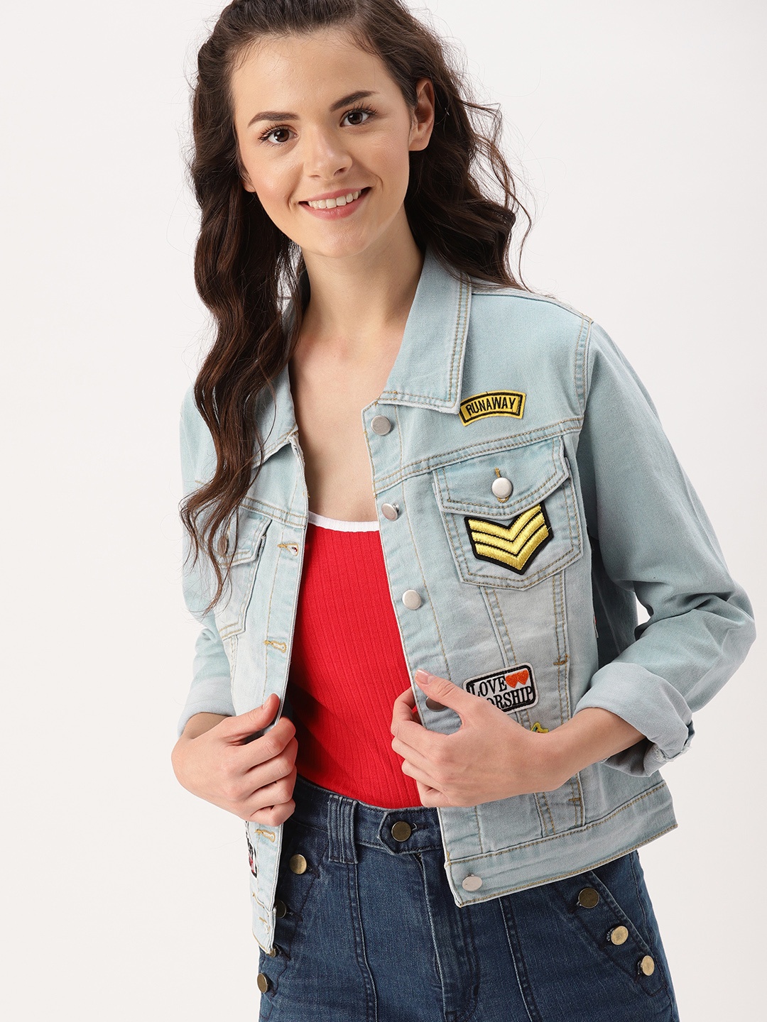 

DressBerry Women Blue Washed Patchwork Denim Jacket