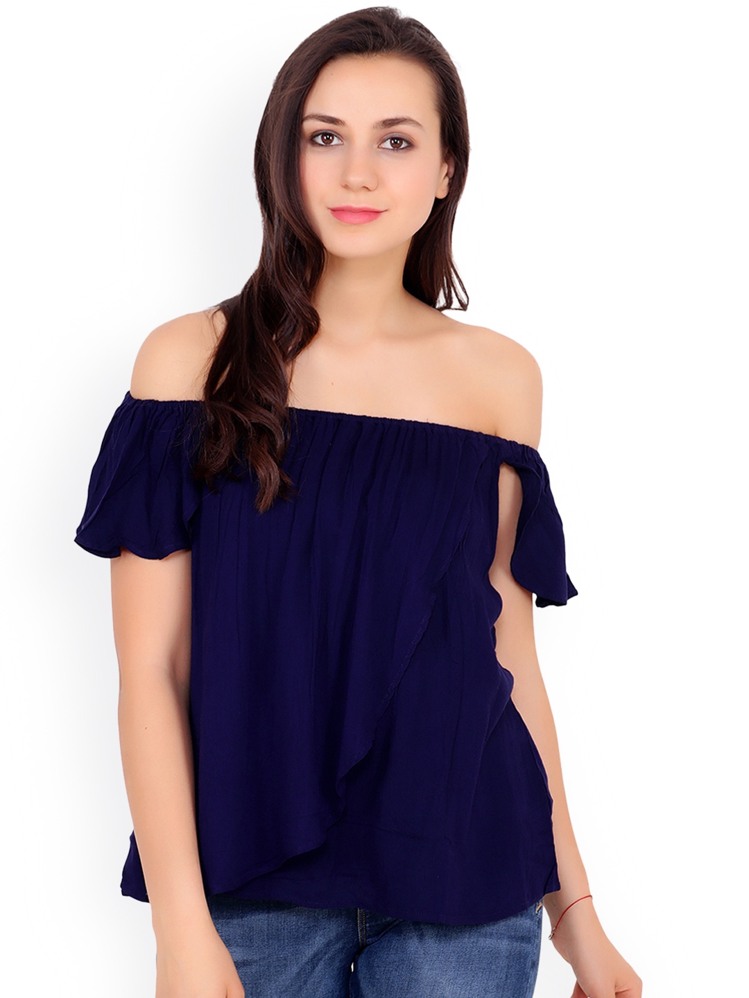 

Cation Women Navy Blue Solid Bardot Top