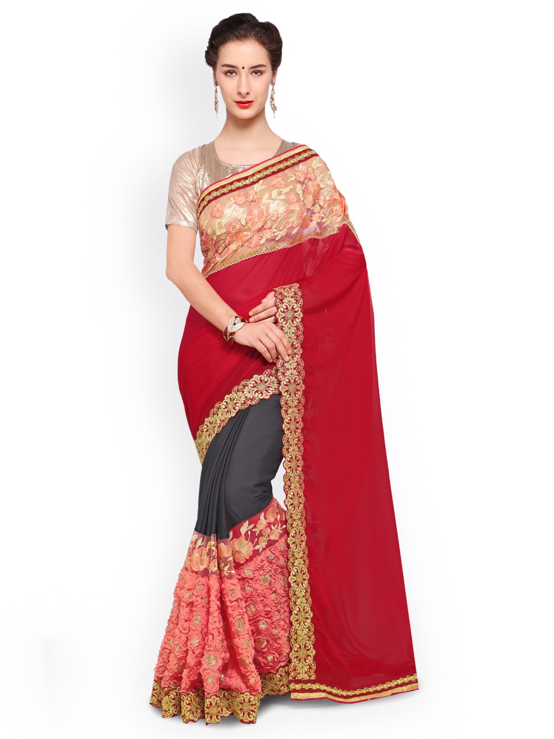 

Kalista Red & Grey Poly Georgette Embroidered Half & Half Saree