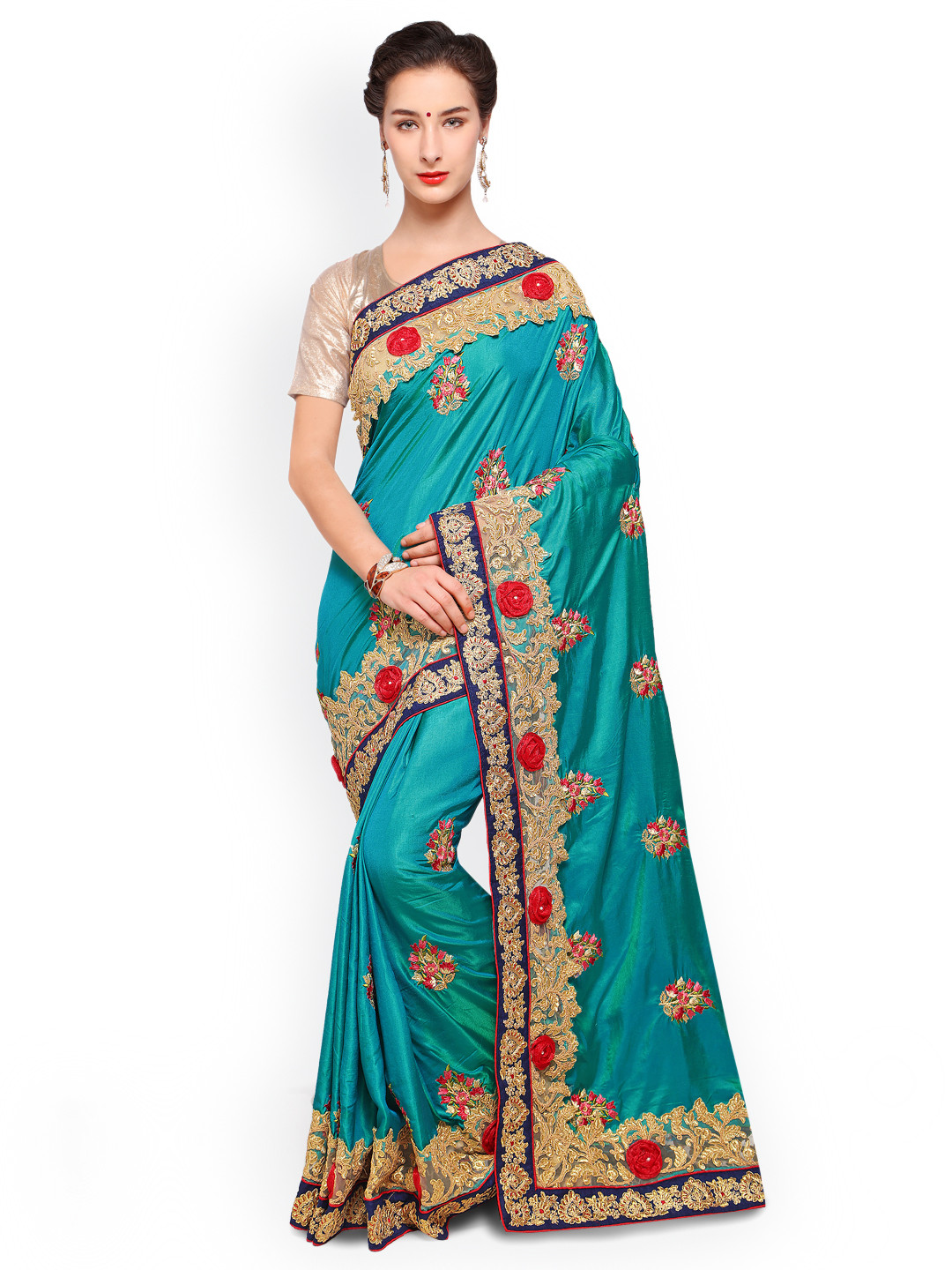 

Kalista Teal Blue Embroidered Poly Silk Saree