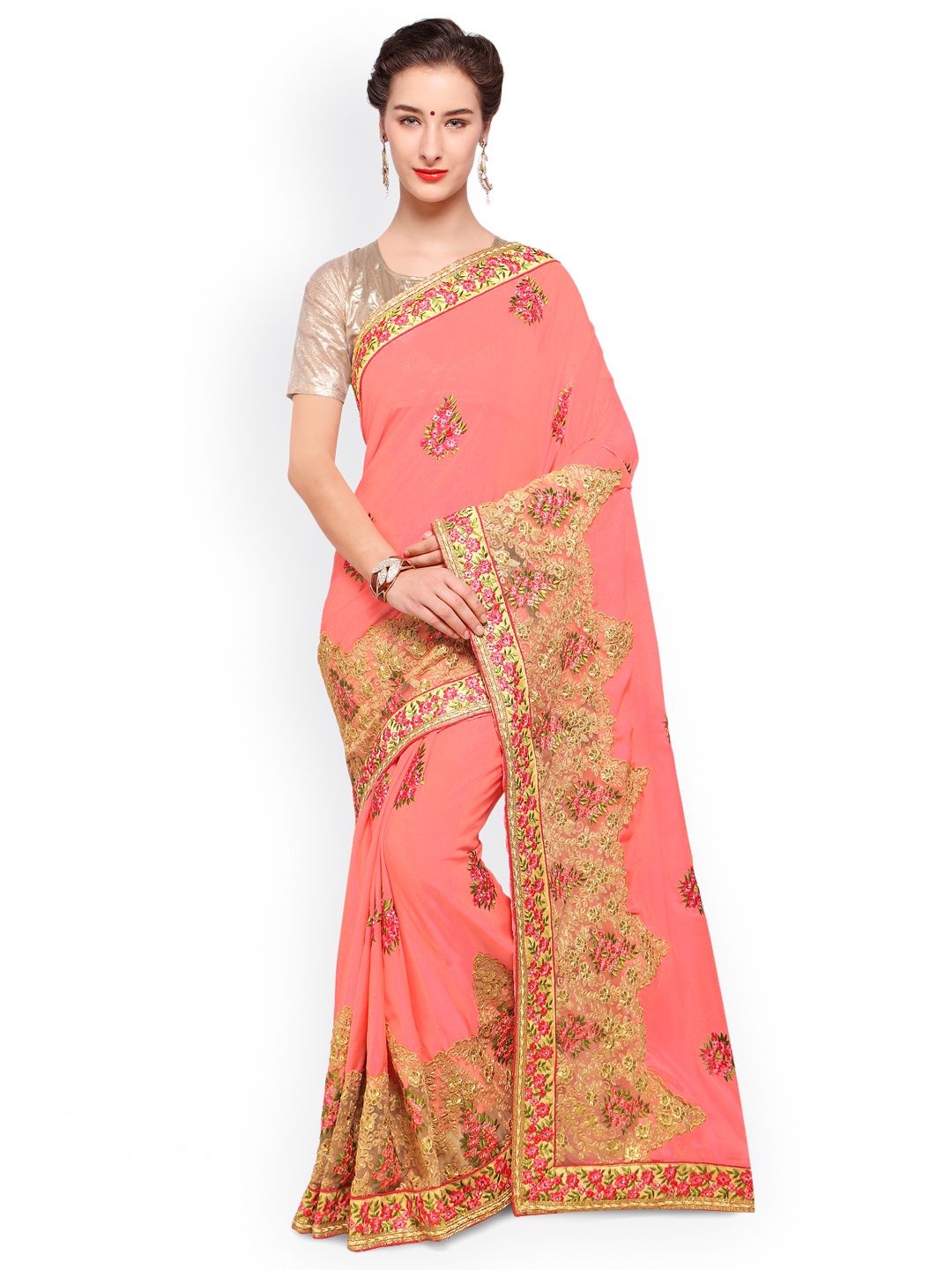 

Kalista Peach-Coloured Embroidered Poly Georgette Saree