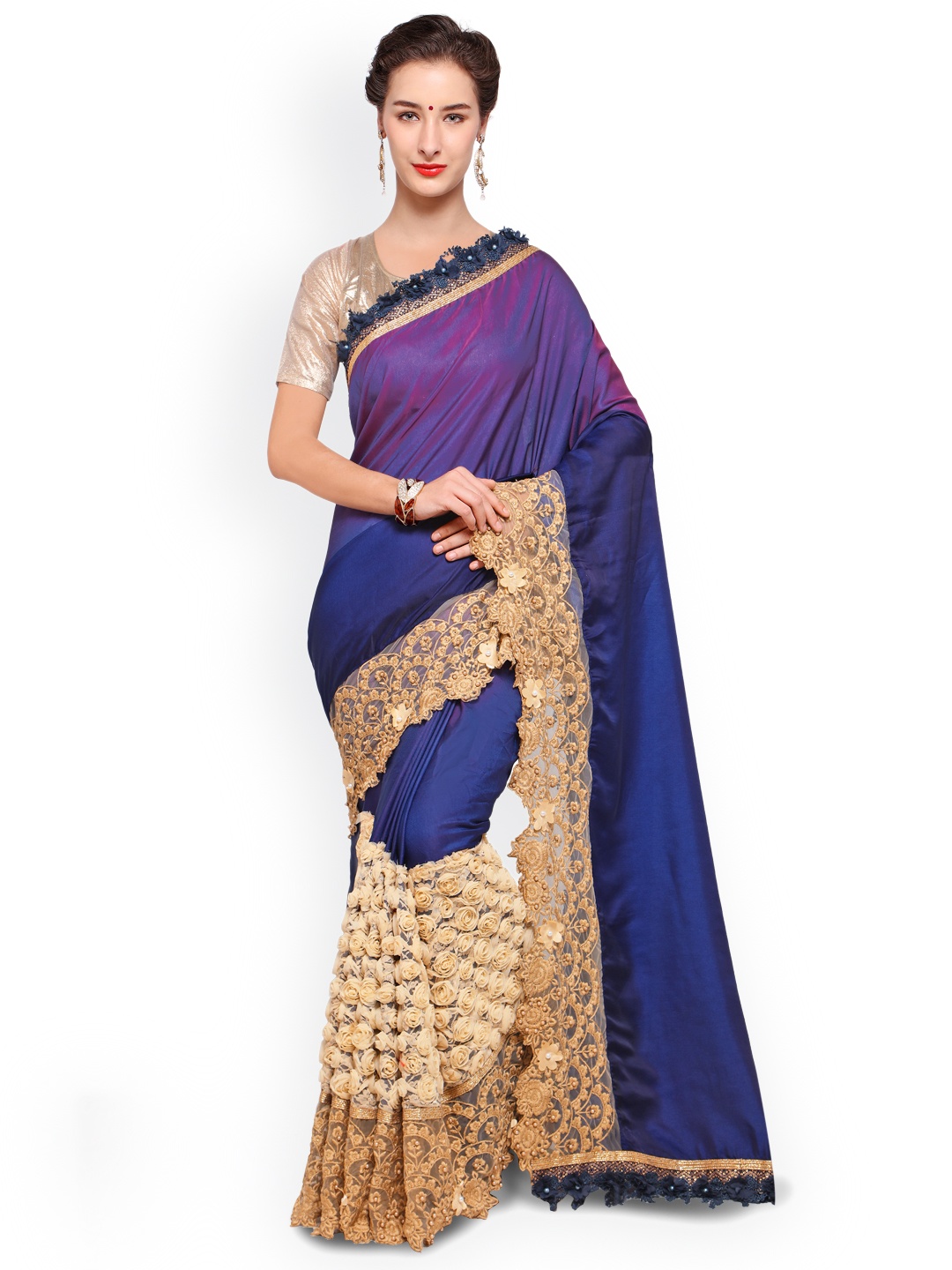 

Kalista Navy Blue & Beige Poly Georgette Embroidered Saree