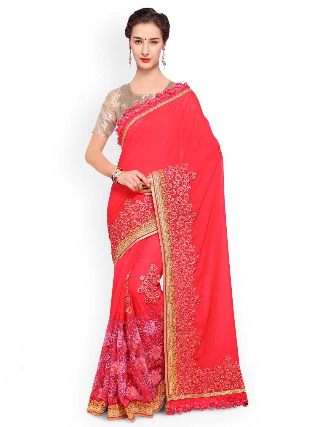 

Kalista Coral Orange & Pink Embroidered Poly Georgette Saree