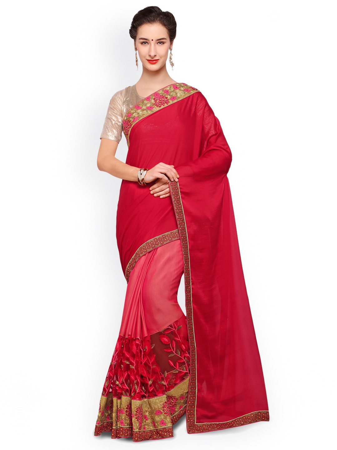 

Kalista Red & Pink Poly Georgette Embroidered Half & Half Saree