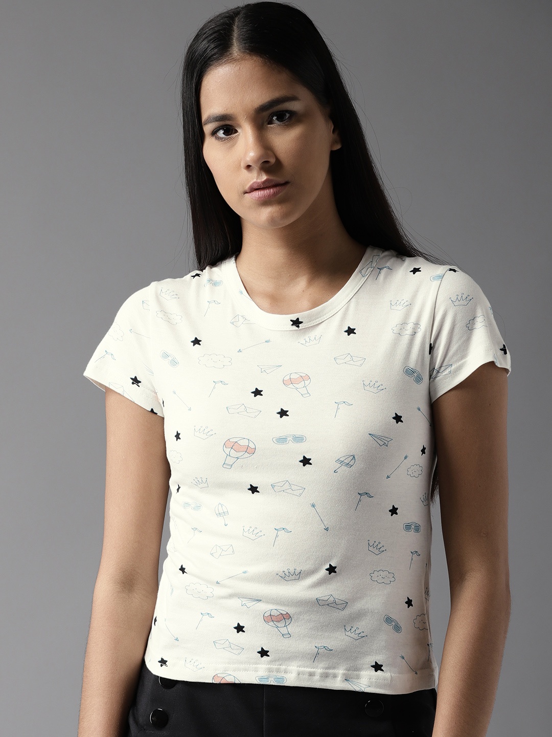 

HERE&NOW Women White Printed Round Neck T-shirt