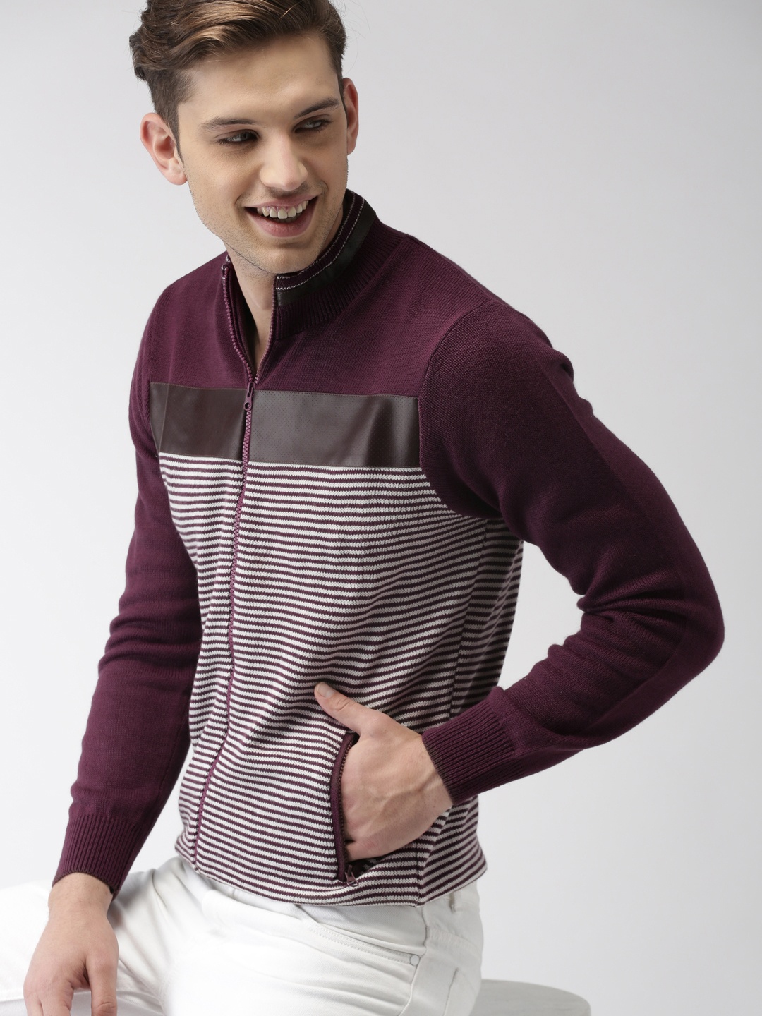 

Mast & Harbour Men Burgundy & White Striped Front-Open Sweater