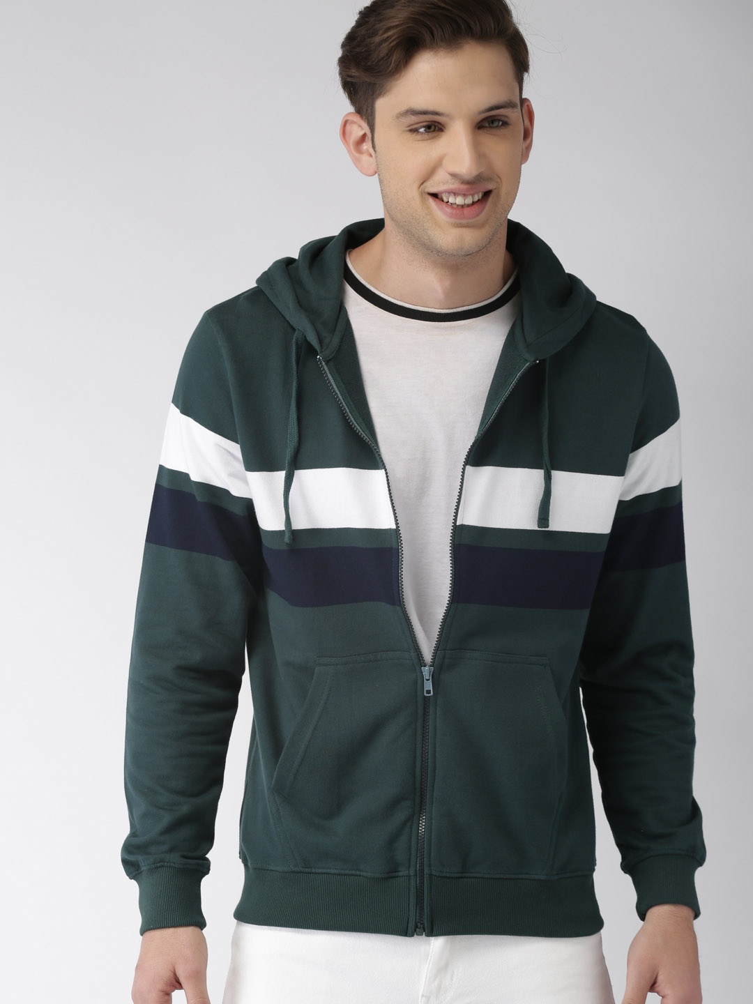 

Mast & Harbour Men Green & White Solid Hooded Sweatshirt