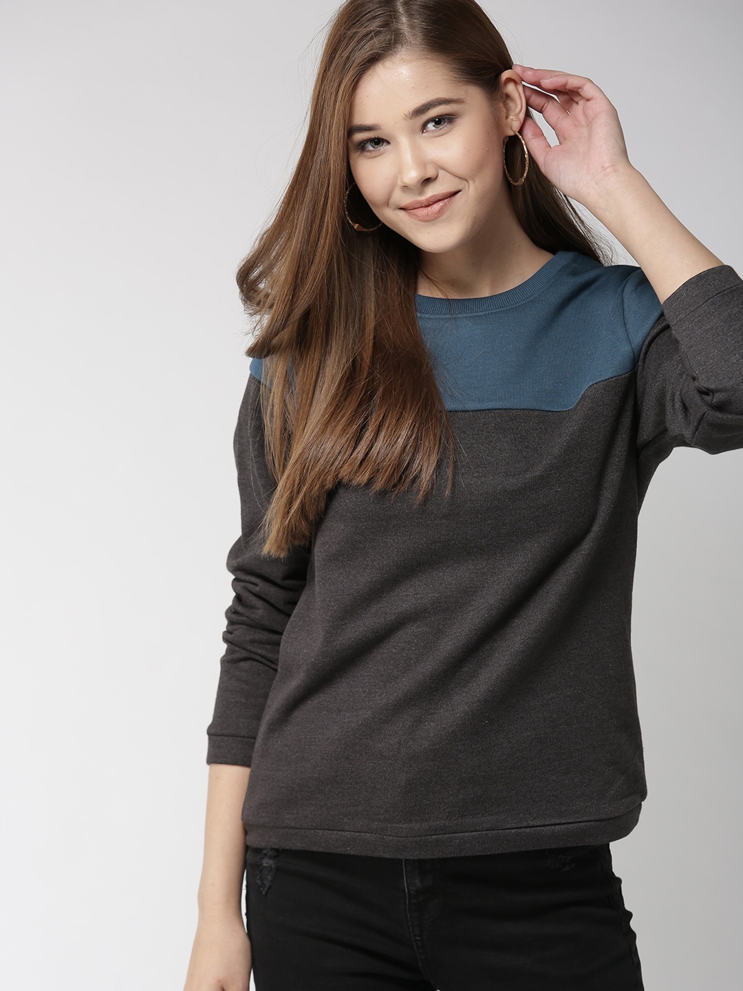 

Mast & Harbour Women Charcoal Grey & Teal Blue Colourblocked Sweatshirt