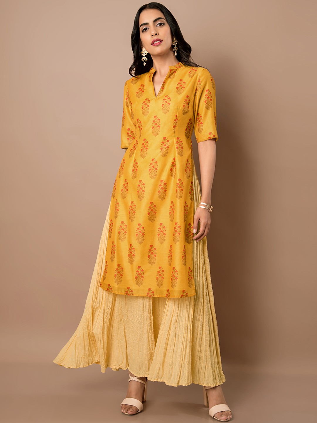 

INDYA Women Mustard Botanical Kurta with Attached Skirt