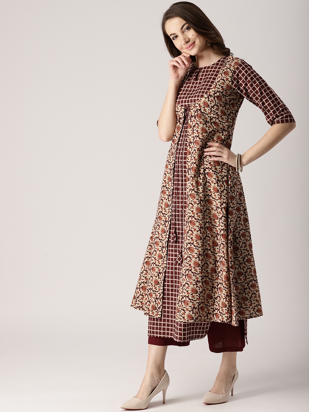 

Libas Women Burgundy & Beige Printed Straight Kurta