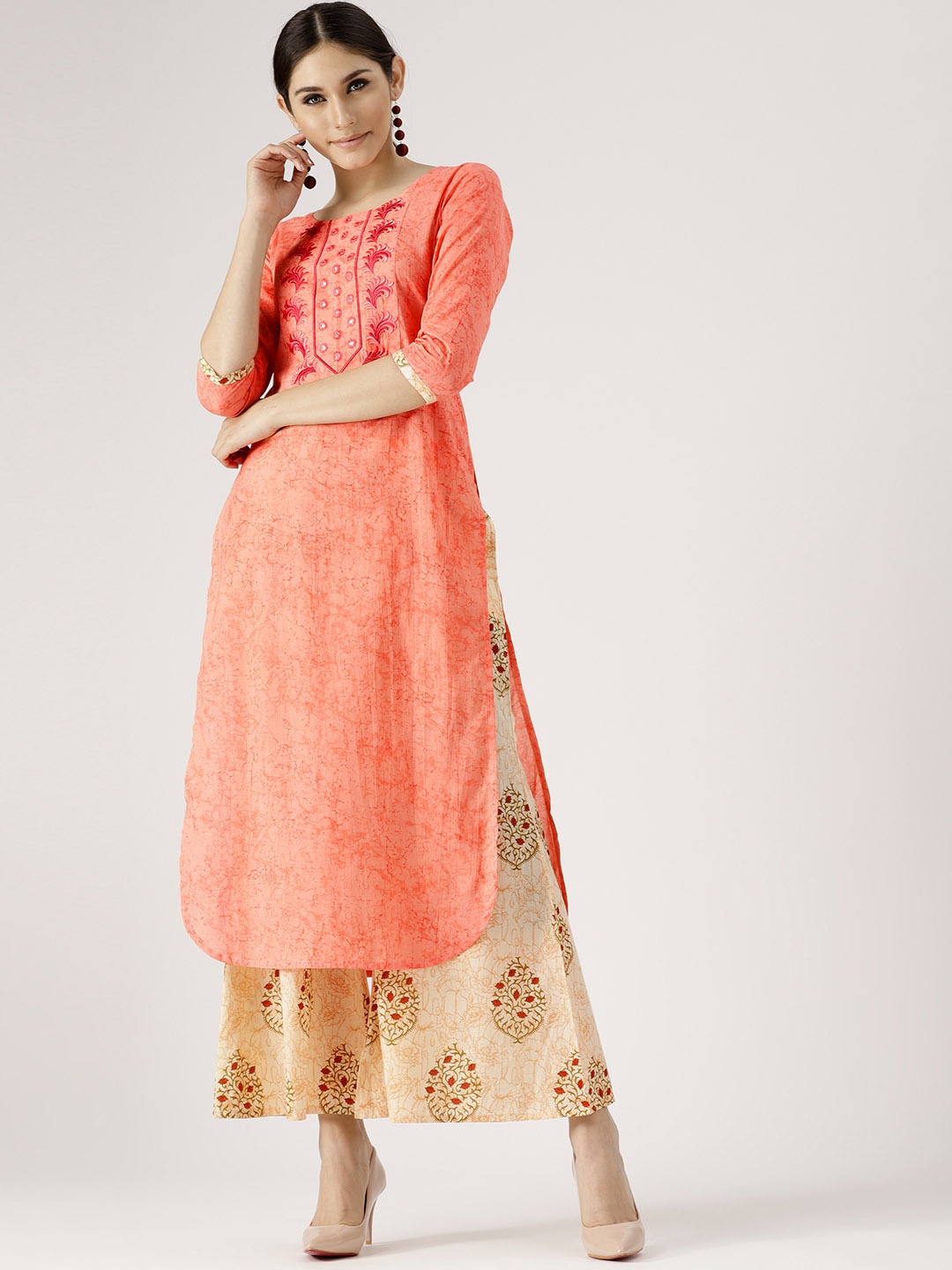 

Libas Women Peach-Coloured & Beige Printed Kurta with Palazzos