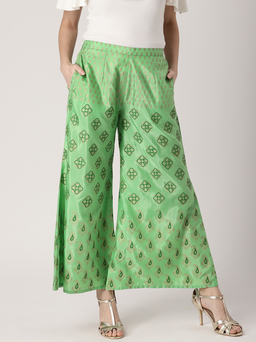 

Libas Women Green & Gold-Toned Block Print Wide Leg Palazzos