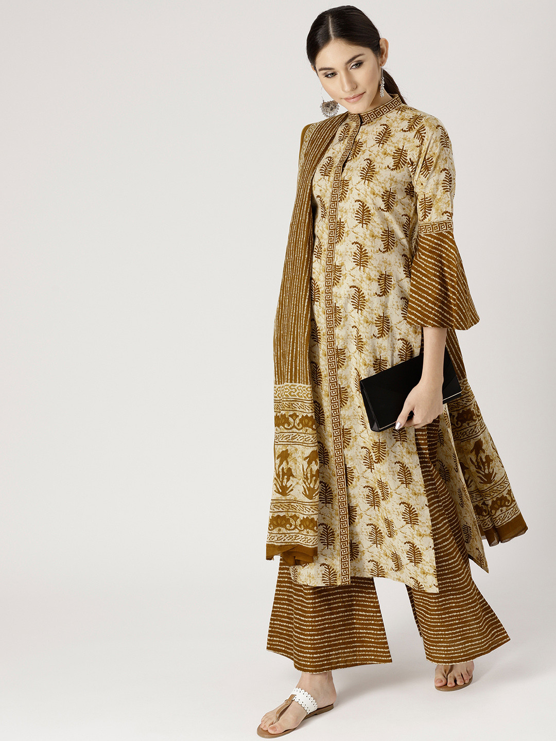 

Libas Women Olive Green & Beige Printed Kurta with Palazzos & Dupatta