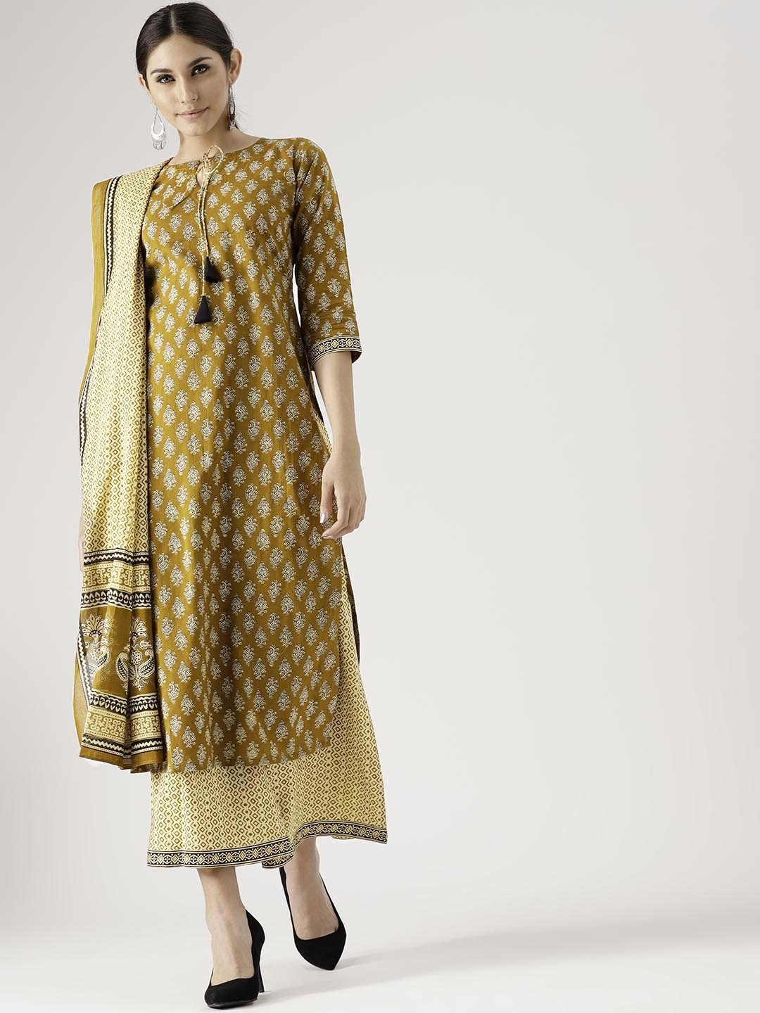 

Libas Women Olive Green & Beige Printed Kurta with Palazzos & Dupatta