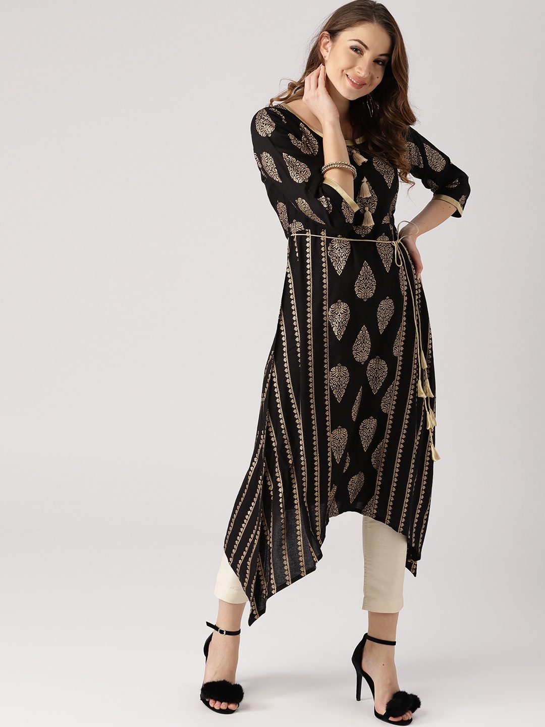 

Libas Women Black & Golden Block Print A-Line Kurta