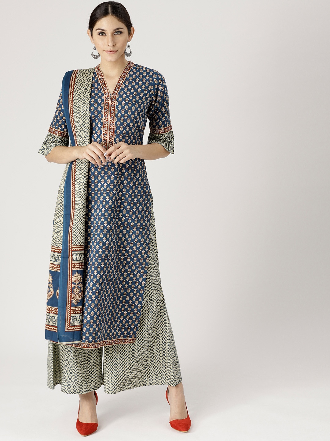 

Libas Women Blue & Beige Printed Kurta with Palazzos & Dupatta