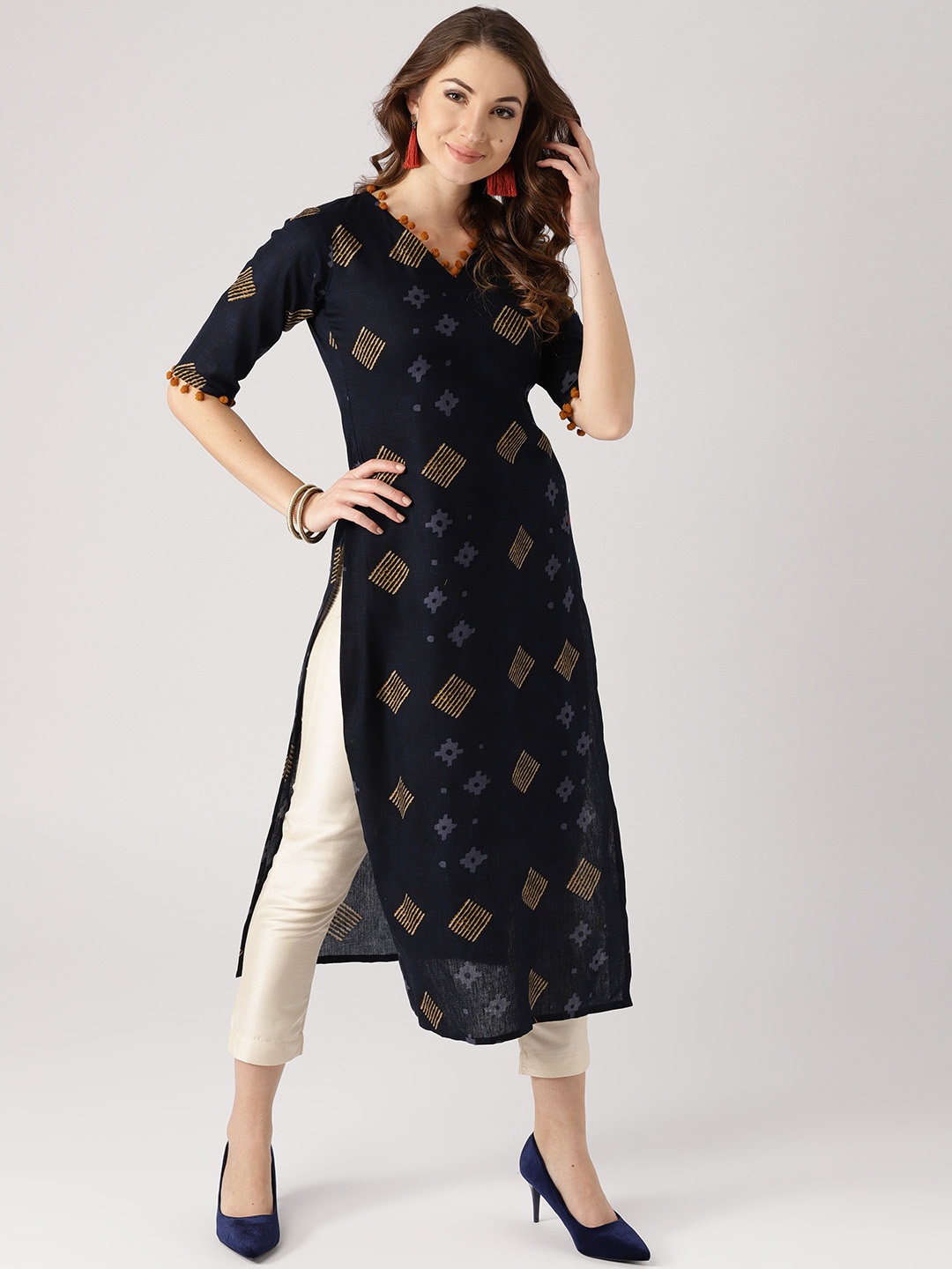 

Libas Women Navy Blue & Beige Printed Straight Kurta