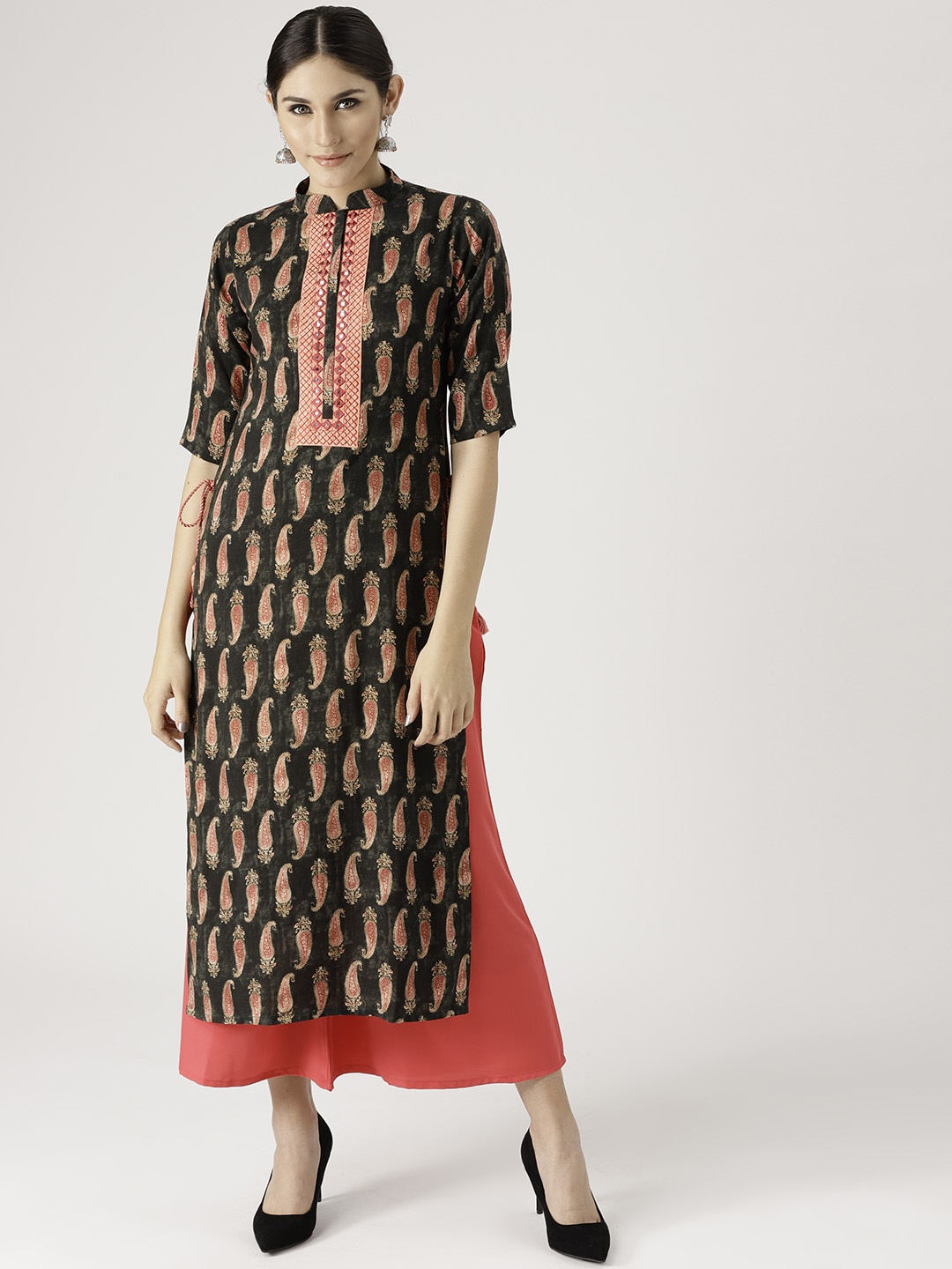 

Libas Women Olive Green & Coral Pink Printed Kurta with Palazzos