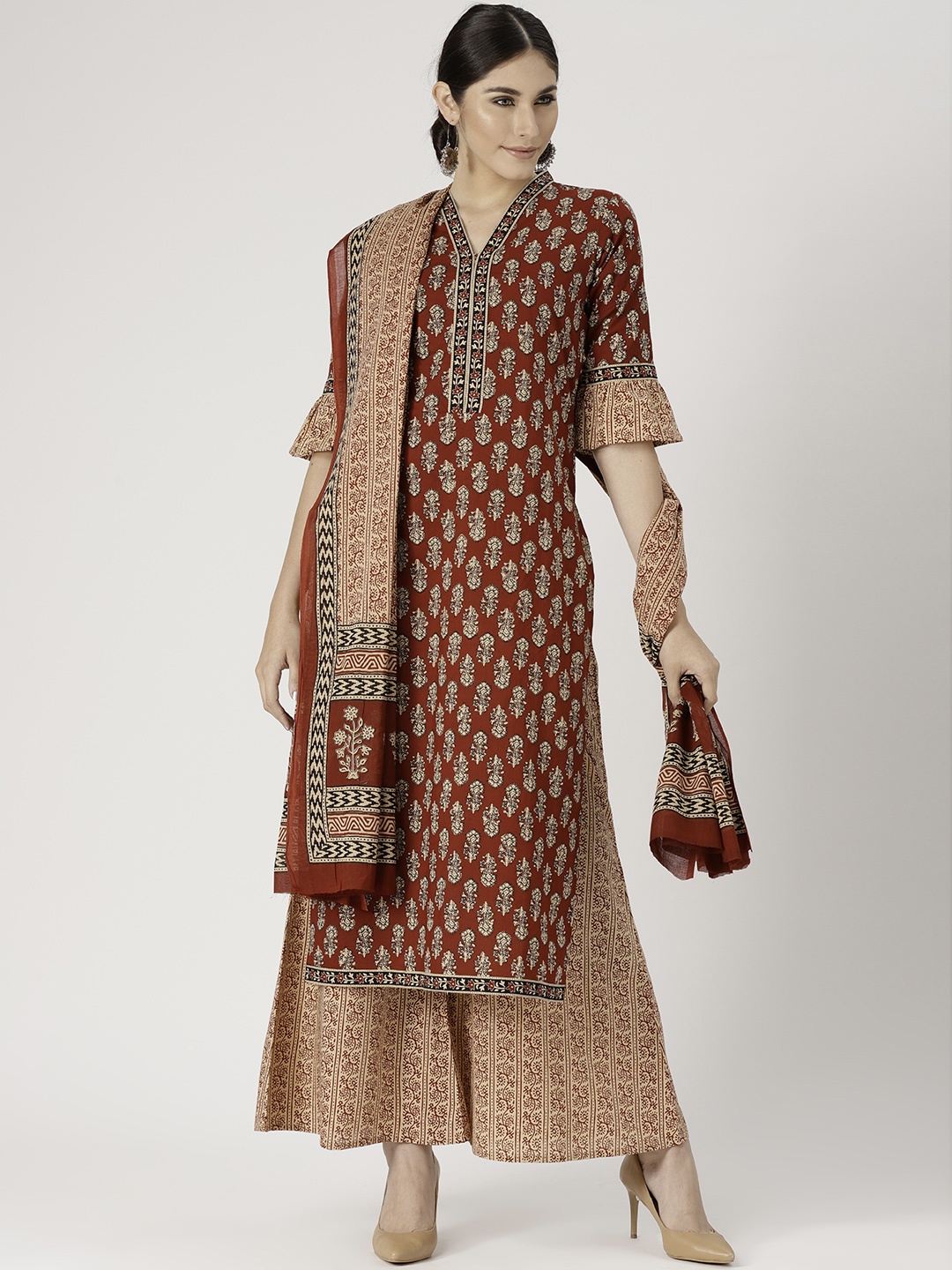 

Libas Women Rust Red & Beige Printed Kurta with Palazzos & Dupatta
