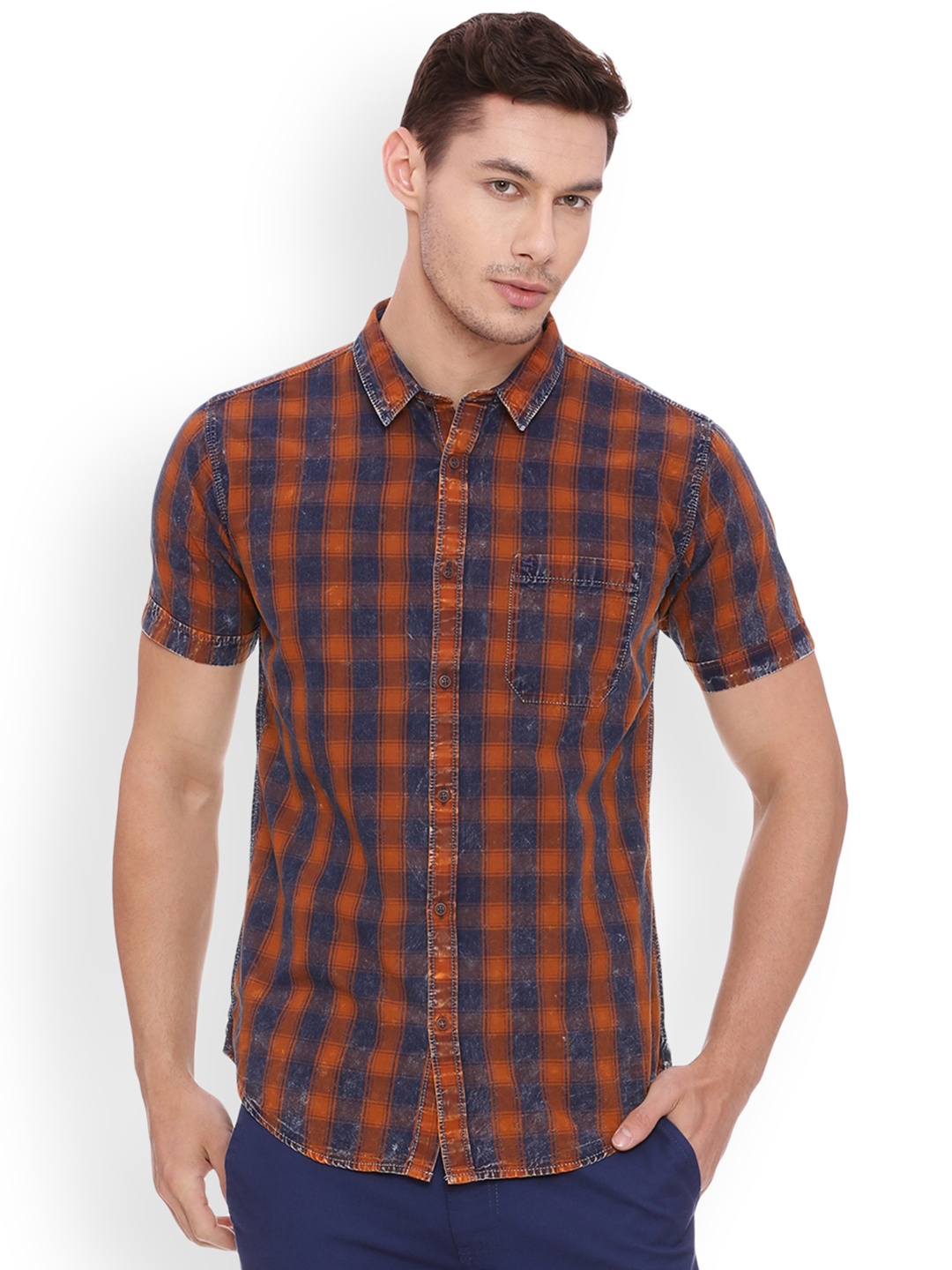 

Basics Men Orange & Navy Blue Slim Fit Checked Casual Shirt