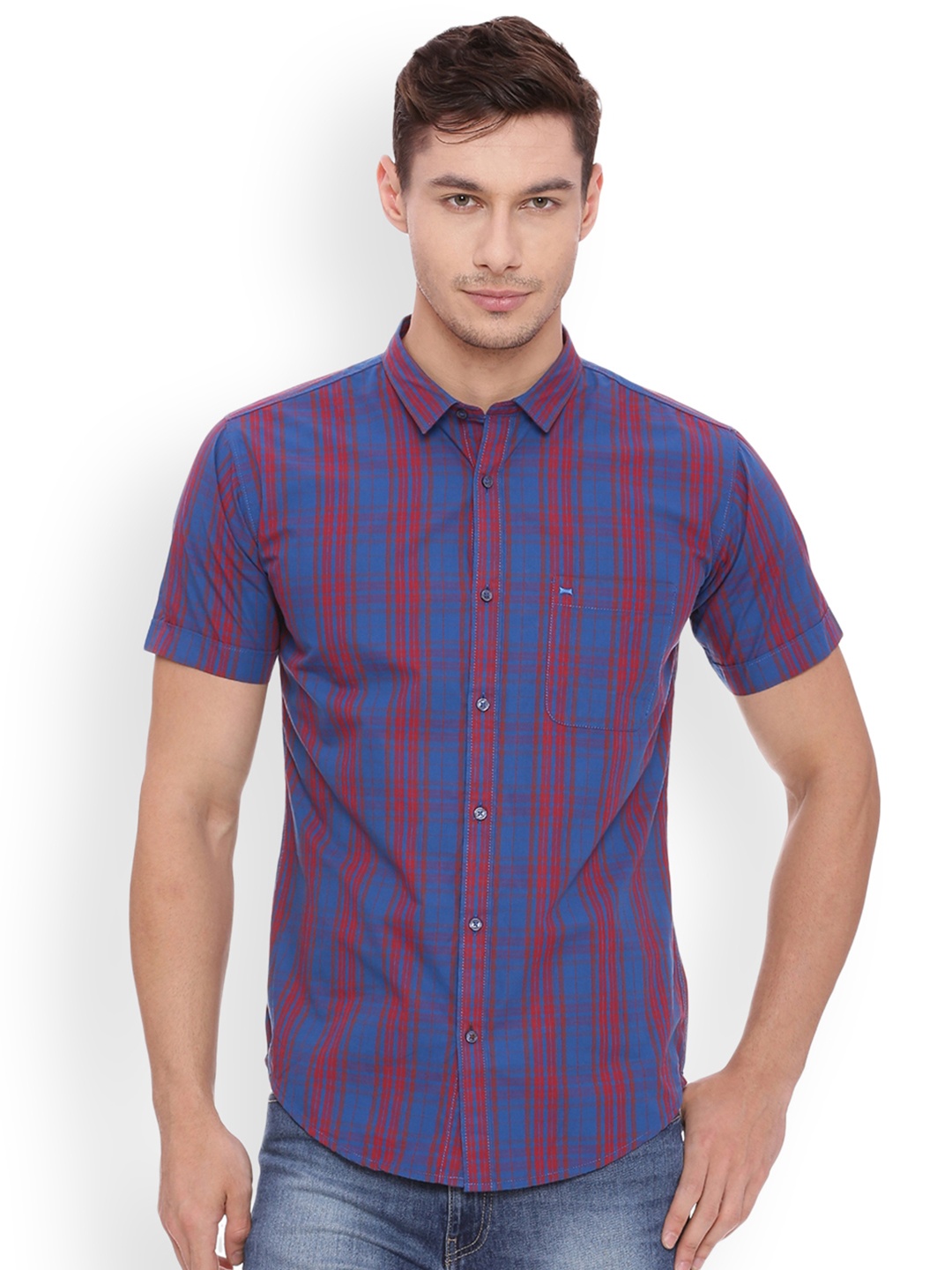 

Basics Men Pink & Blue Slim Fit Checked Casual Shirt