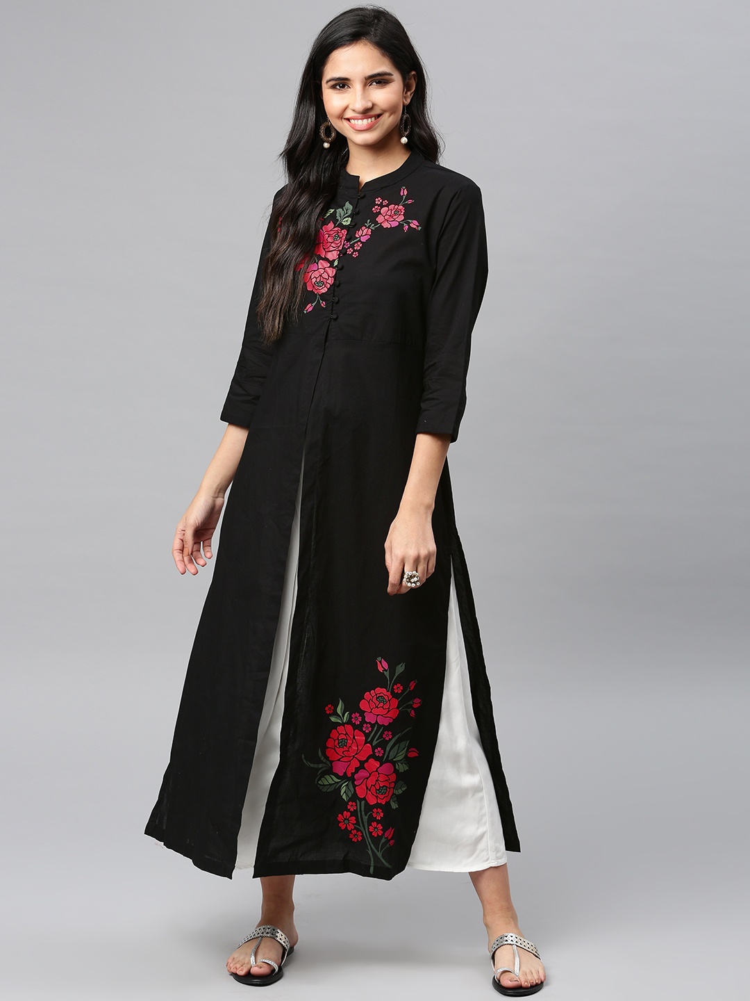 

Vishudh Women Black Placement Floral Print High Slit A-Line Kurta
