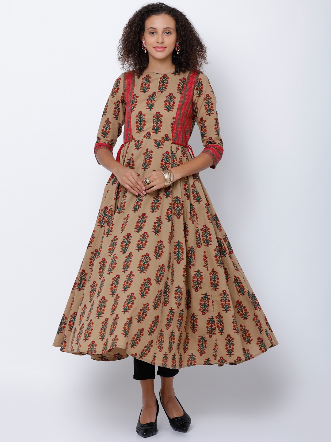 

Vishudh Women Beige & Red Block Printed Anarkali Kurta