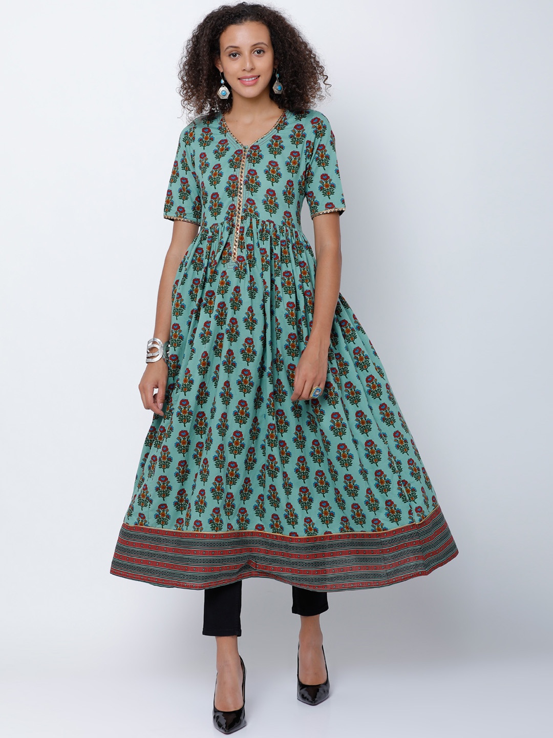 

Vishudh Women Green & Blue Printed Anarkali Kurta