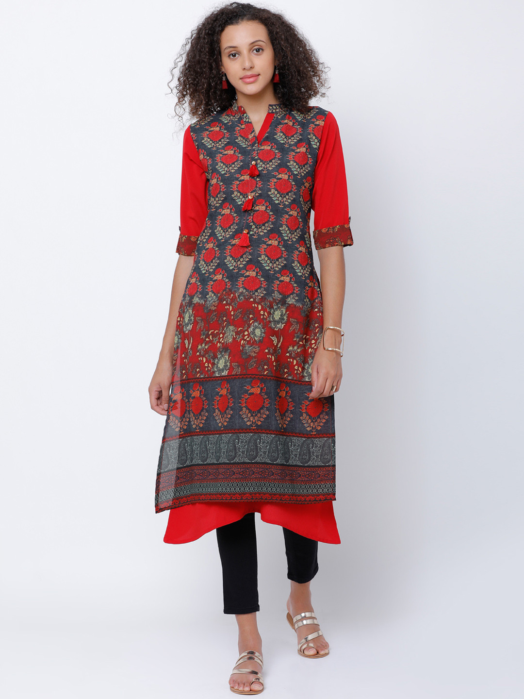 

Vishudh Women Red & Grey Printed A-Line Kurta