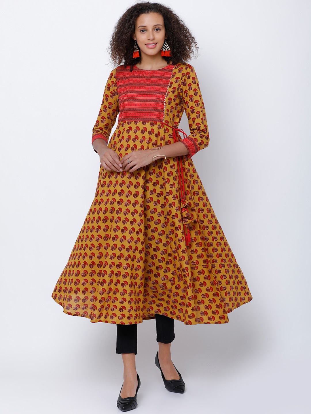 

Vishudh Women Mustard & Red Printed Anarkali Kurta