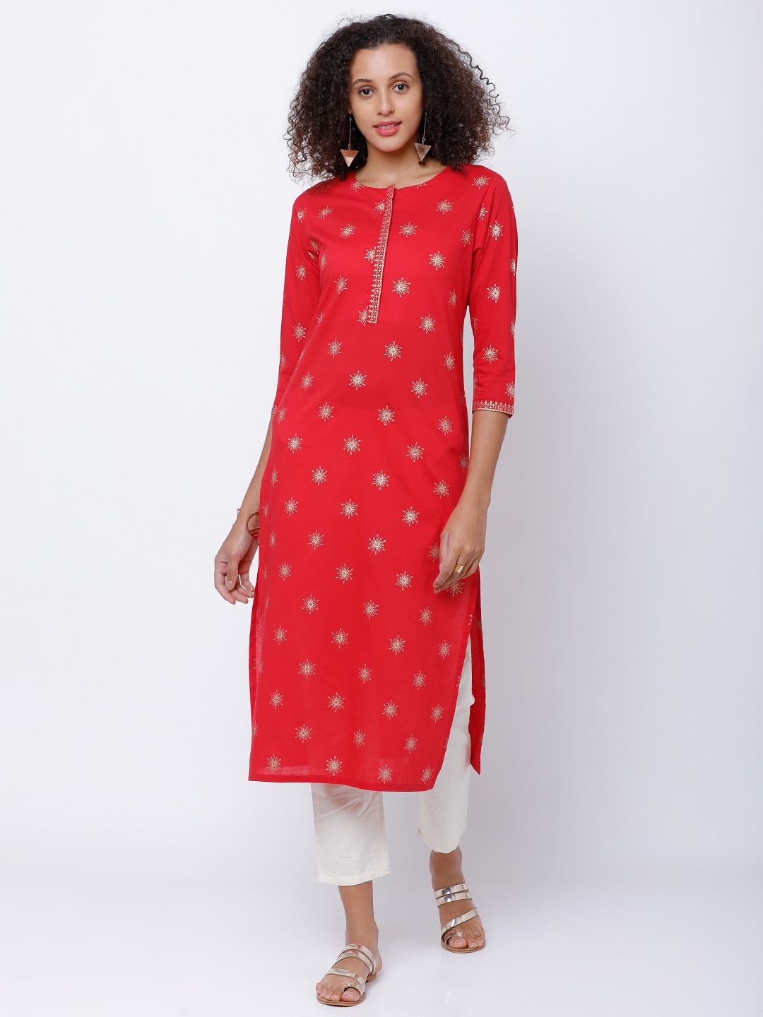 

Vishudh Women Red & Gold-Toned Printed Straight Kurta