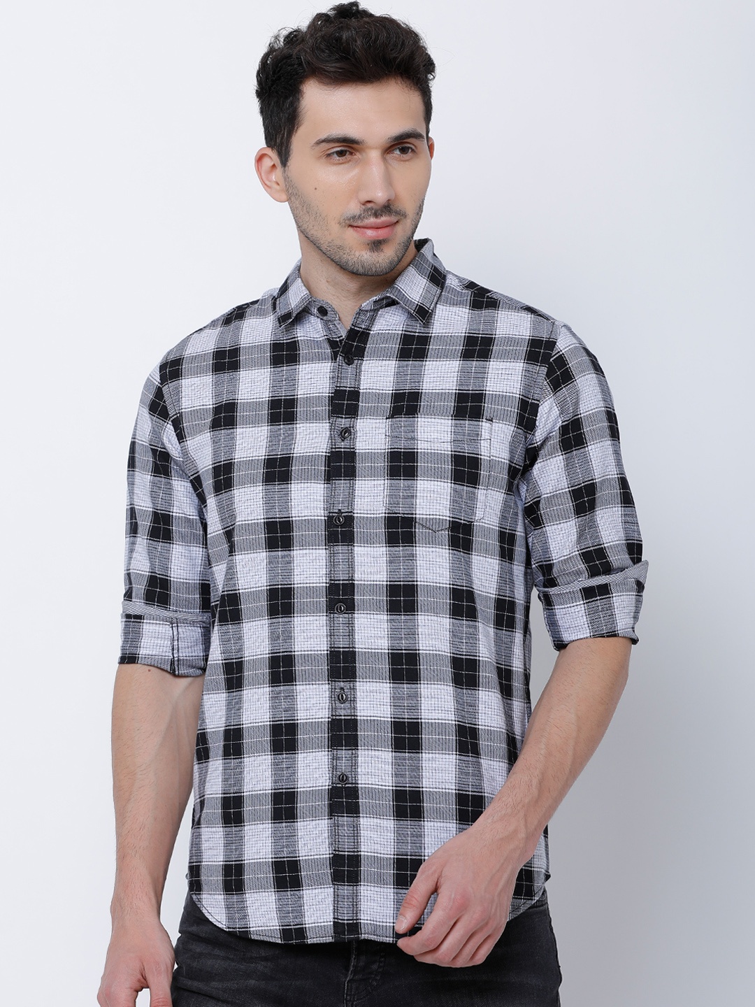 

LOCOMOTIVE Men Black & White Slim Fit Checked Casual Shirt