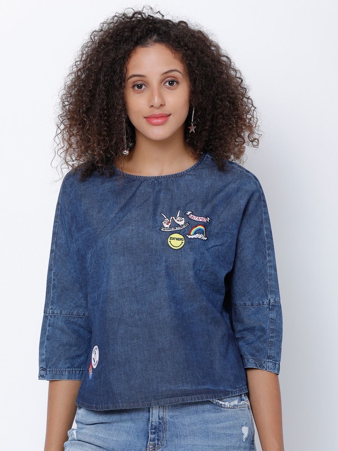 

Tokyo Talkies Women Navy Blue Solid Crop Pure Cotton Top