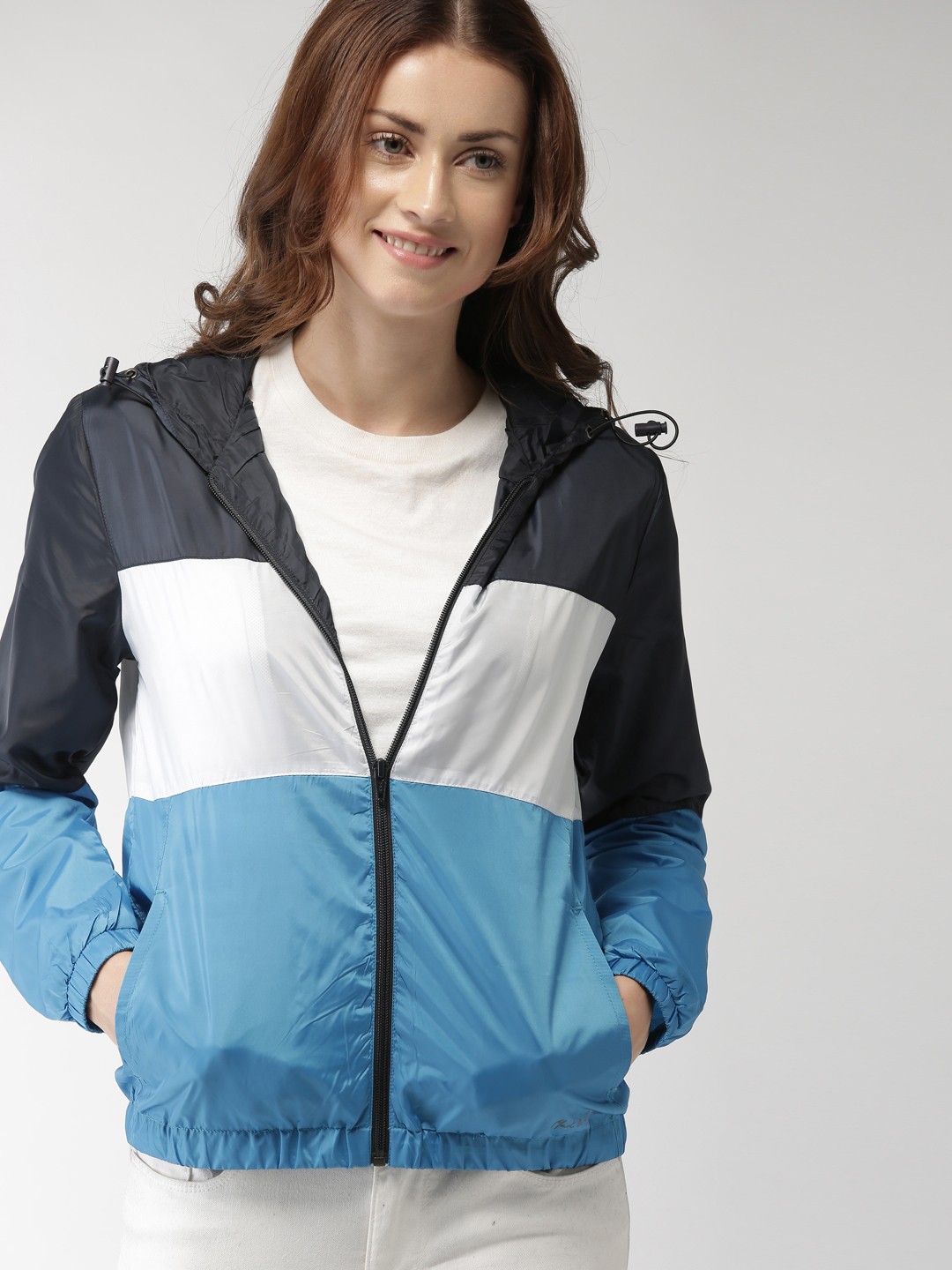 

Mast & Harbour Women Navy Blue & White Colourblocked Sporty Jacket