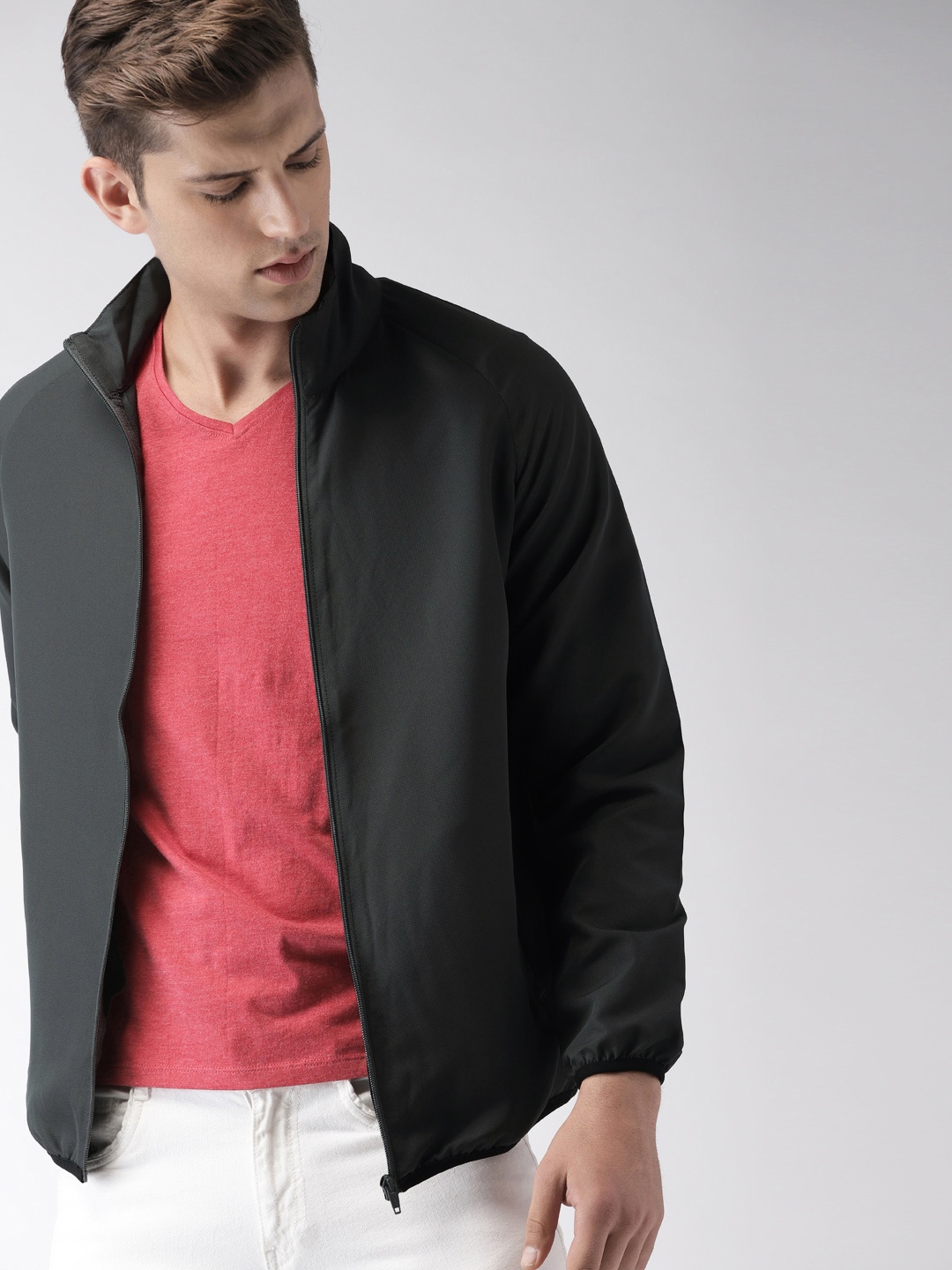 

Mast & Harbour Men Charcoal Grey Solid Sporty Jacket