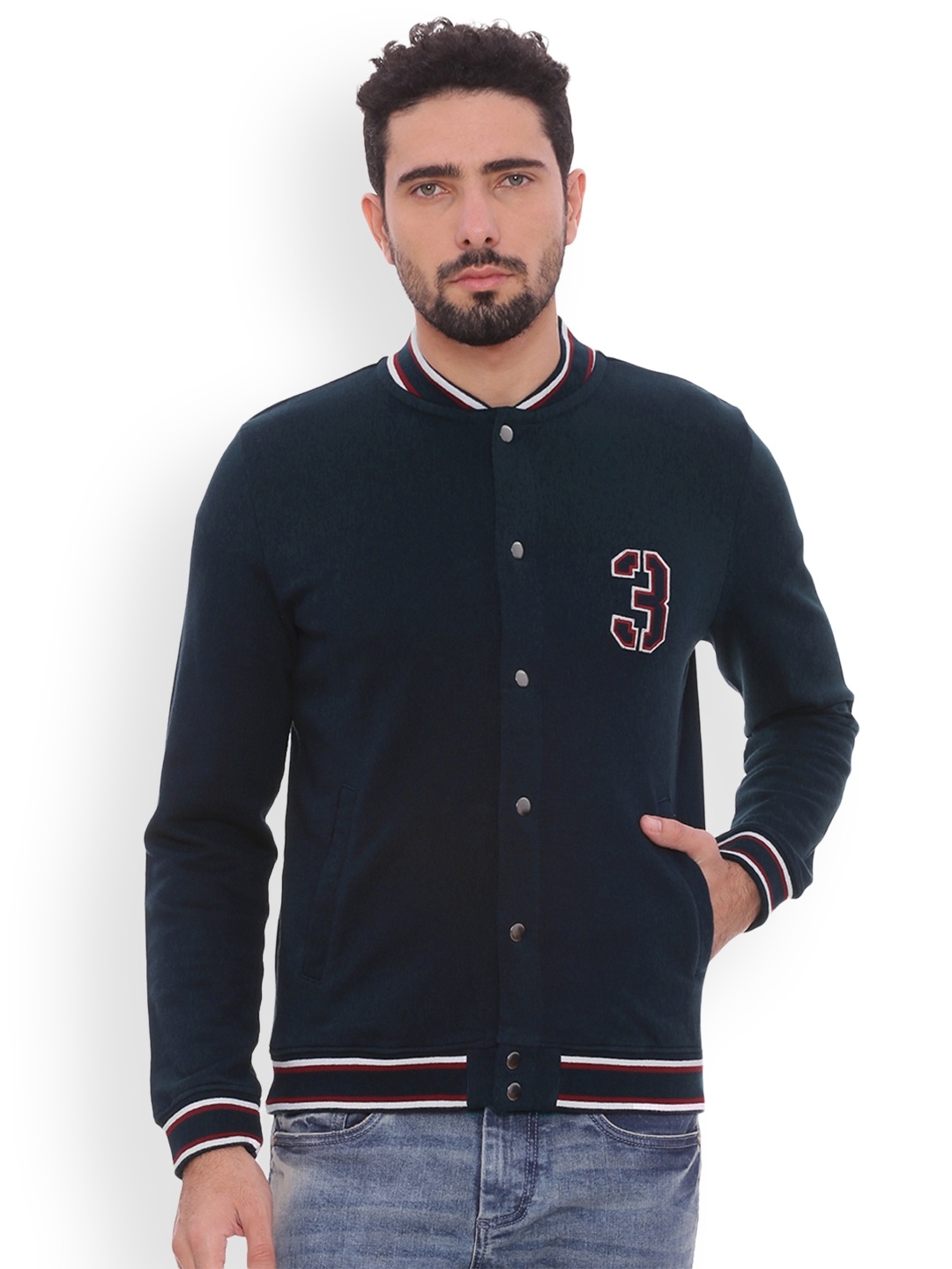 

Basics Men Navy Blue Solid Varsity Jacket