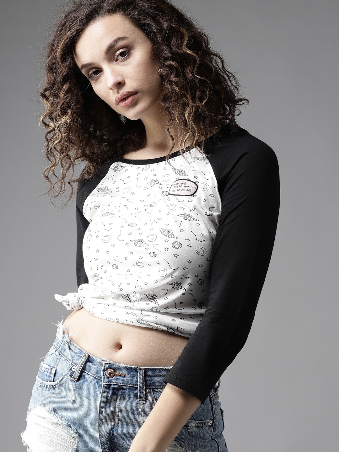 

Moda Rapido Women White & Black Printed Round Neck T-shirt