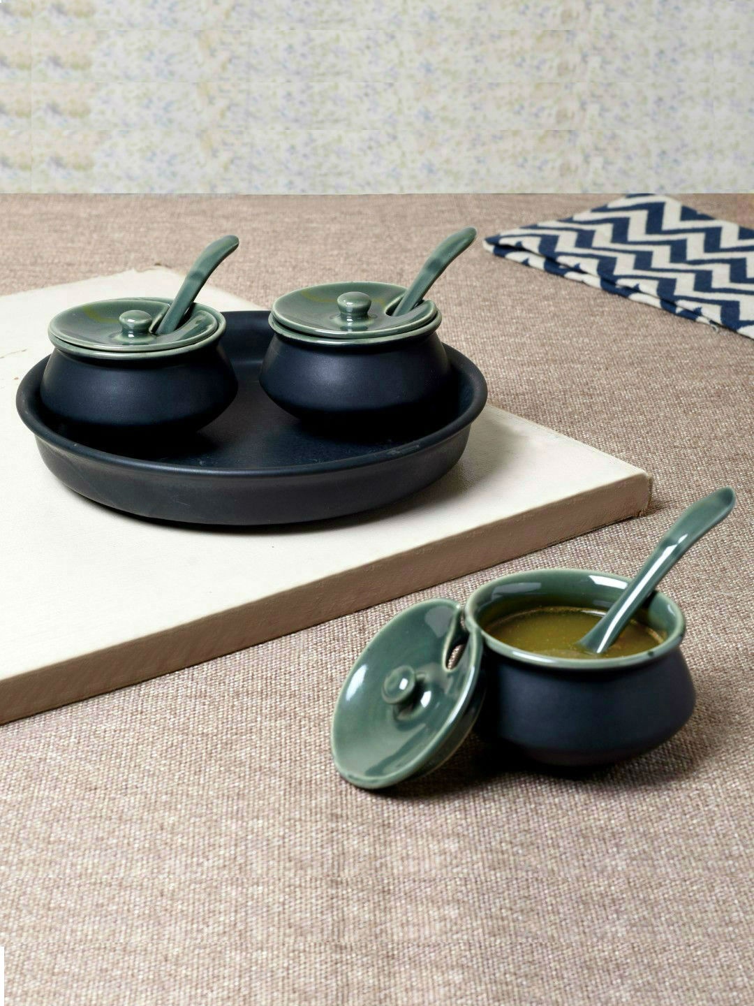 

Unravel India Black Solid 3 Pieces Ceramic Hand Crafted Chutney Bowl Set with Tray