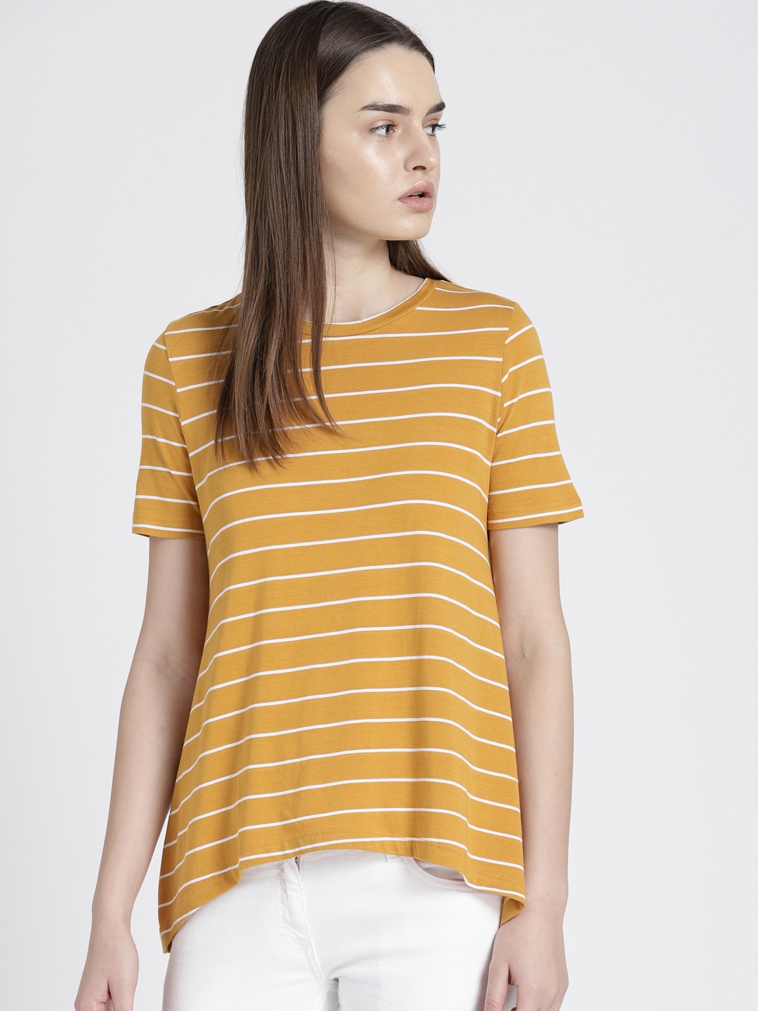 

Chemistry Women Mustard Striped Round Neck T-shirt