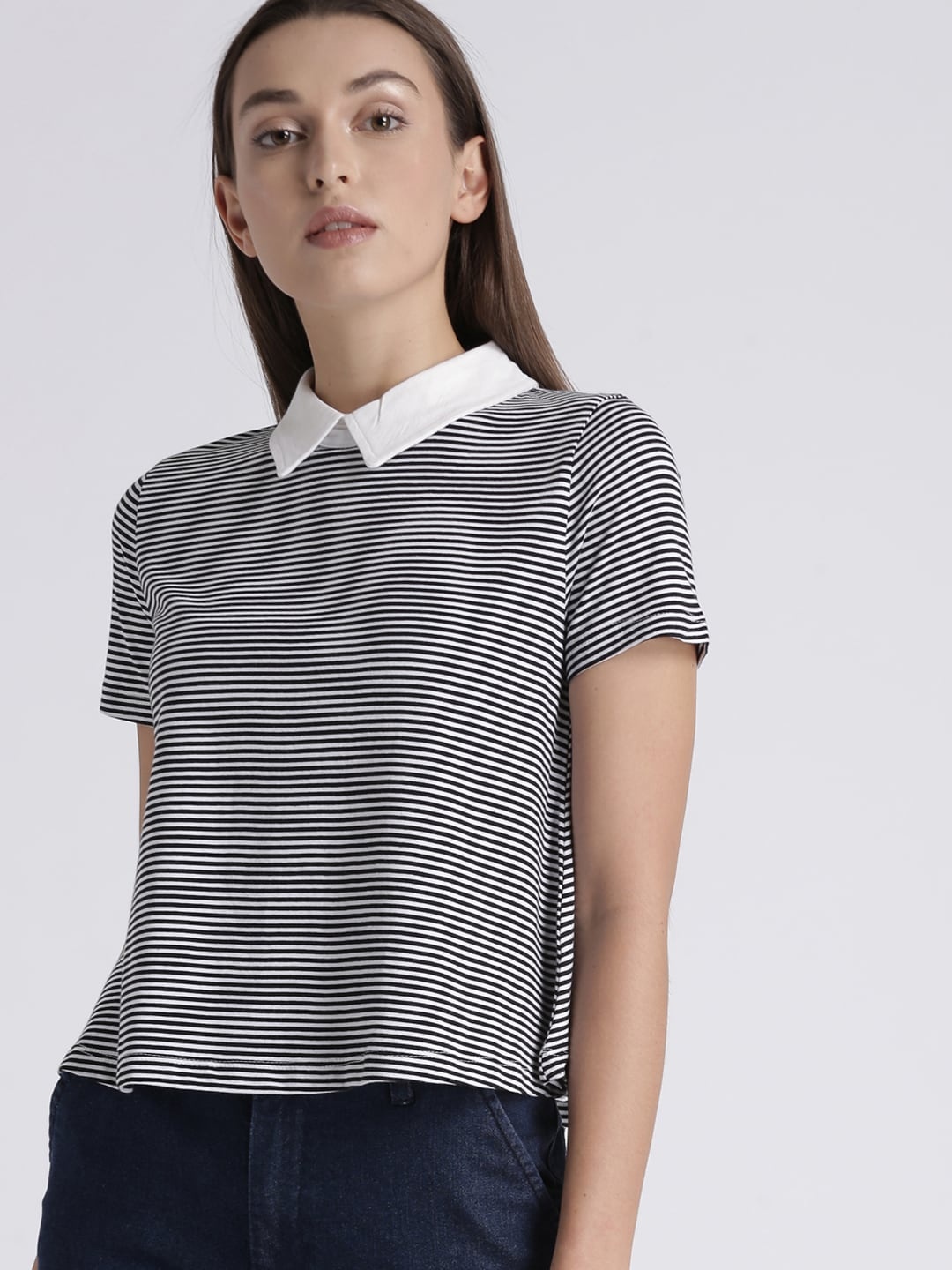 

Chemistry Women Black Striped Polo Collar Pure Cotton T-shirt